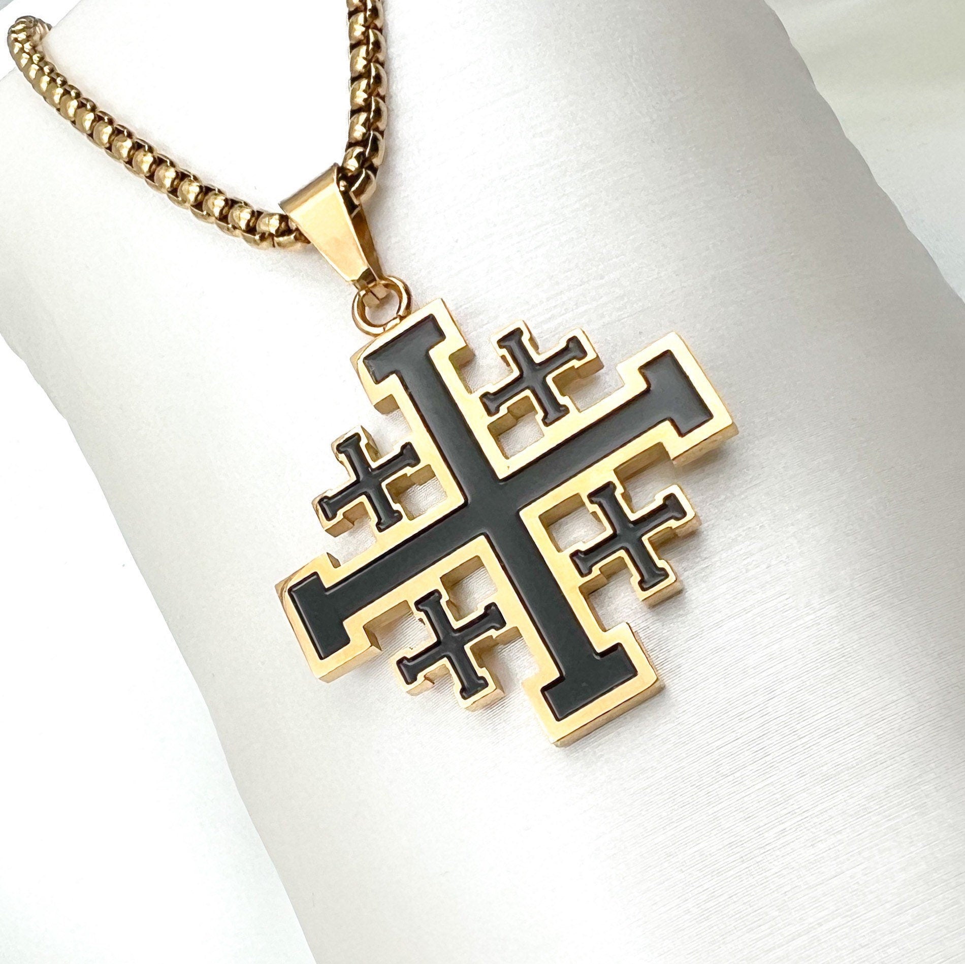 Jerusalem Cross Pendant in Gold with Enamel Detailing - Stainless Steel - Includes Chain