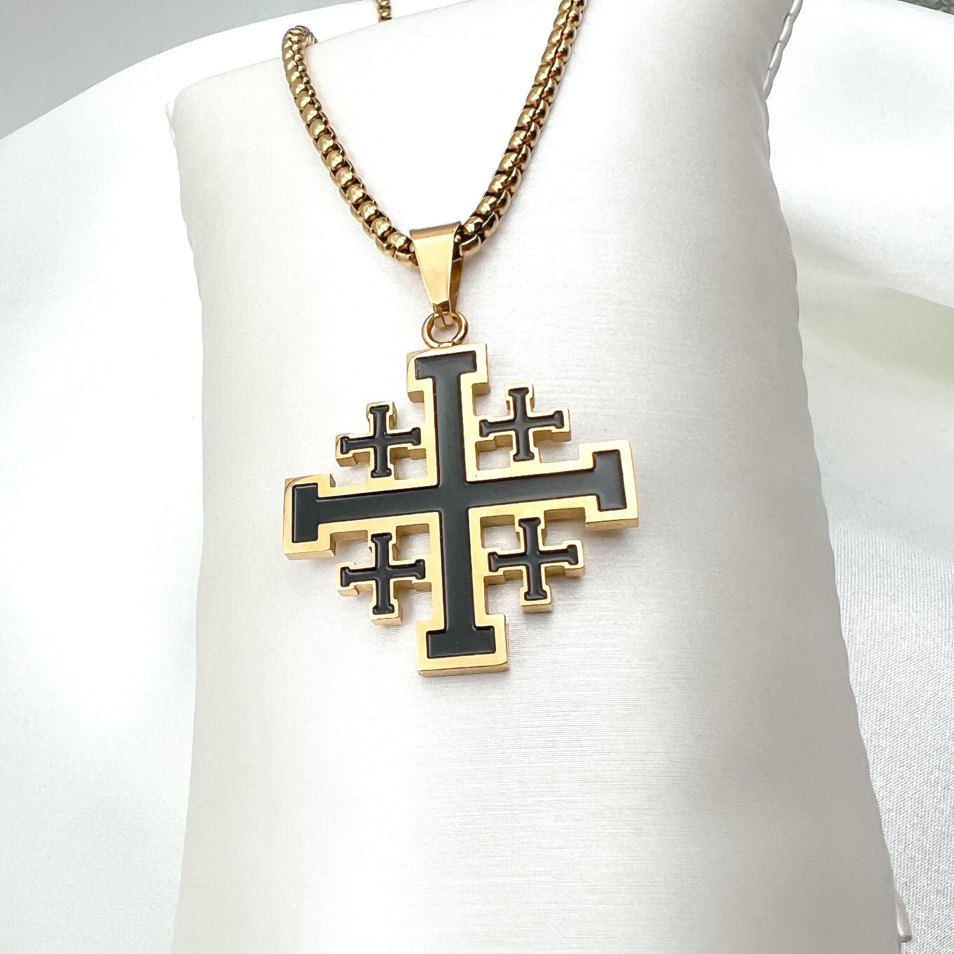 Jerusalem Cross Pendant in Gold with Enamel Detailing - Stainless Steel - Includes Chain