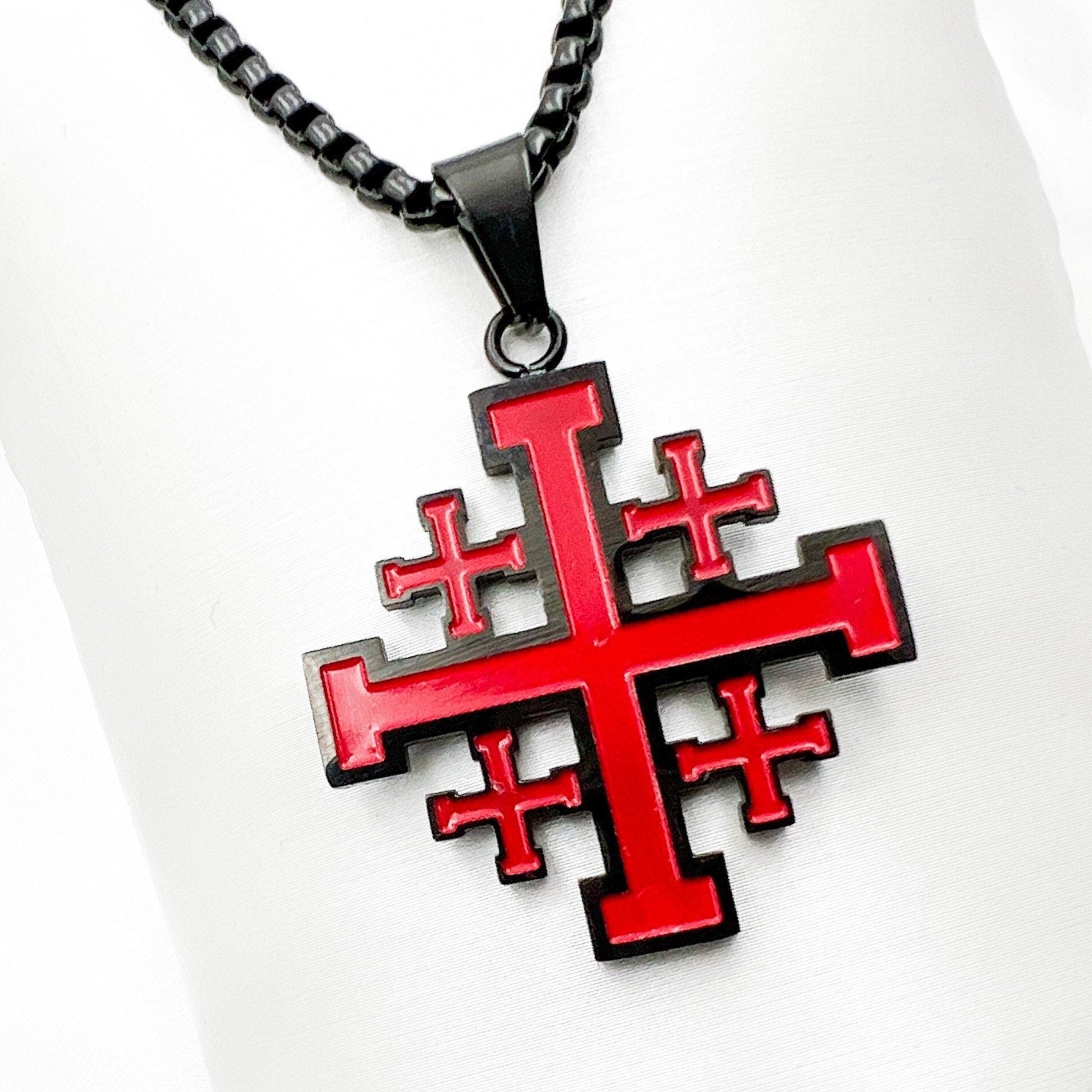 Jerusalem Cross Pendant in Red Enamel - Stainless Steel with Chain Included