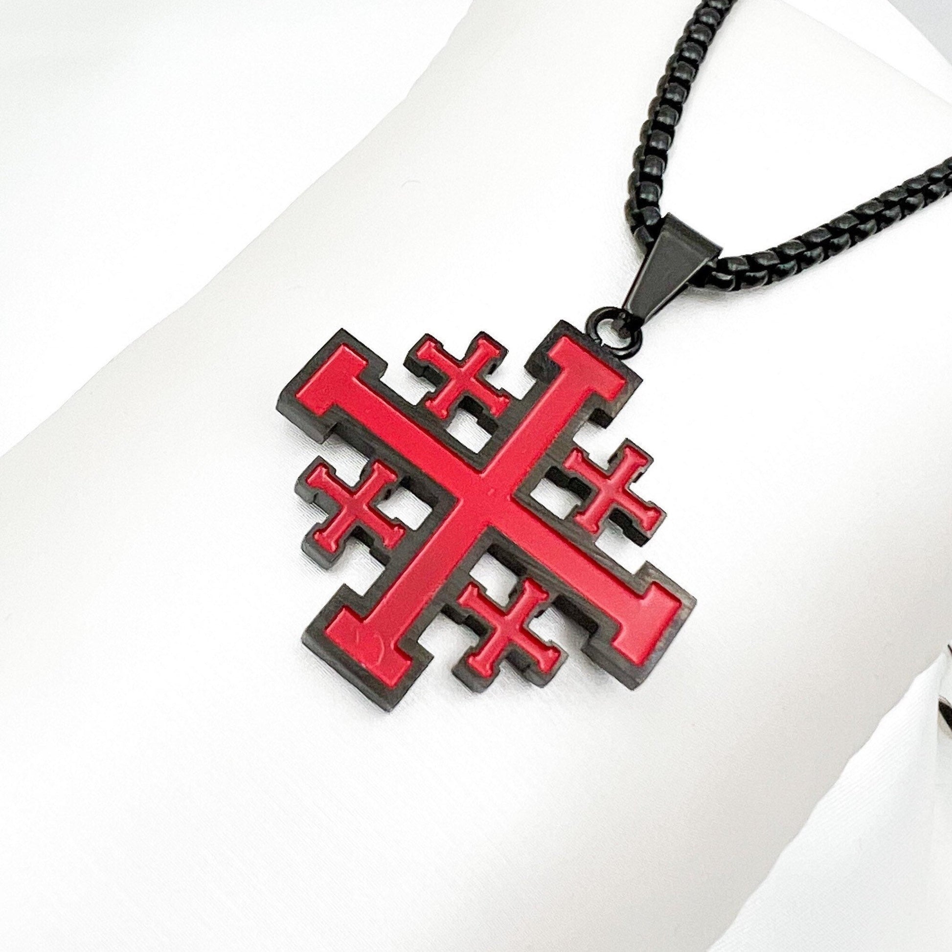 Jerusalem Cross Pendant in Red Enamel - Stainless Steel with Chain Included