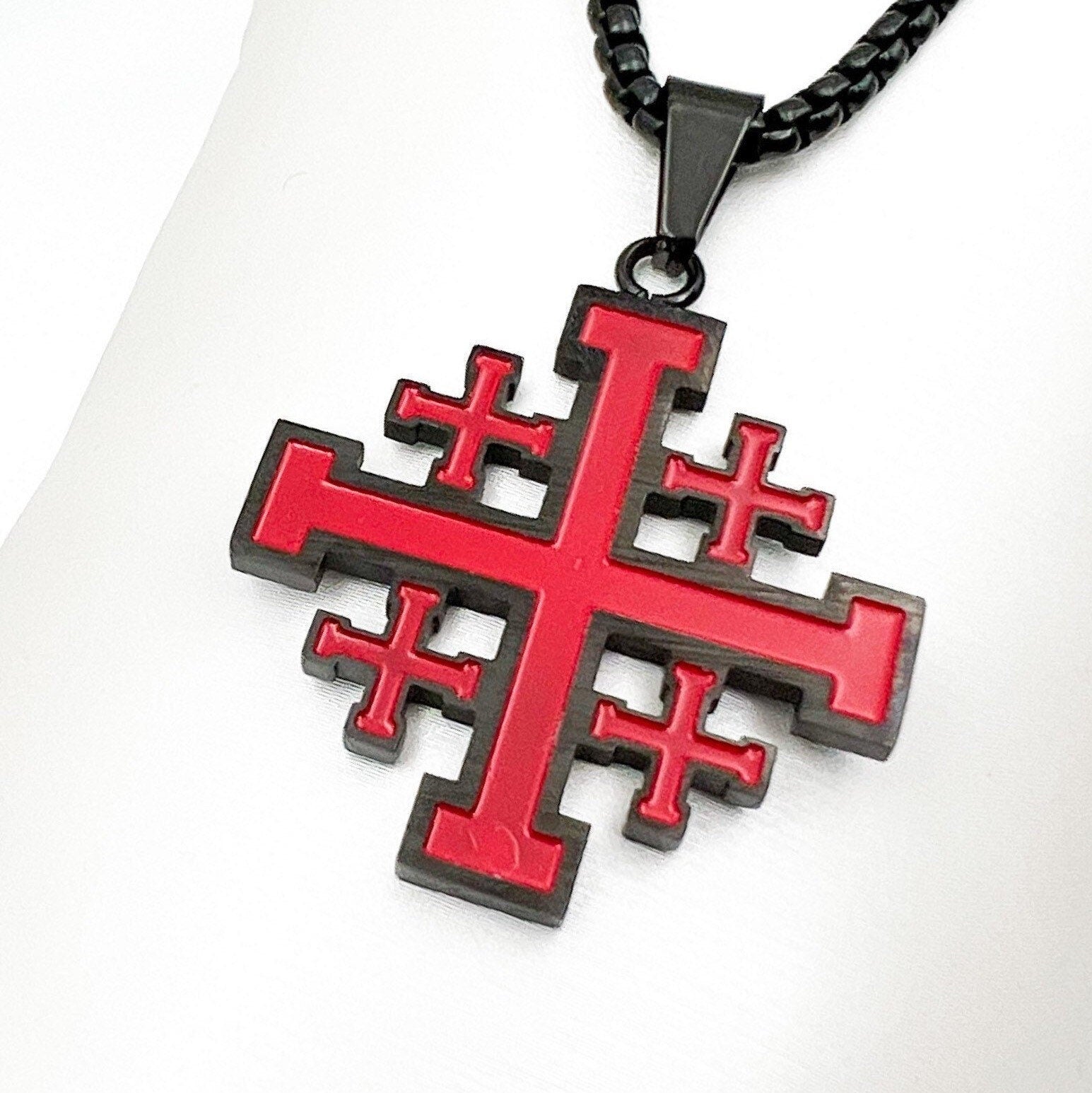 Jerusalem Cross Pendant in Red Enamel - Stainless Steel with Chain Included