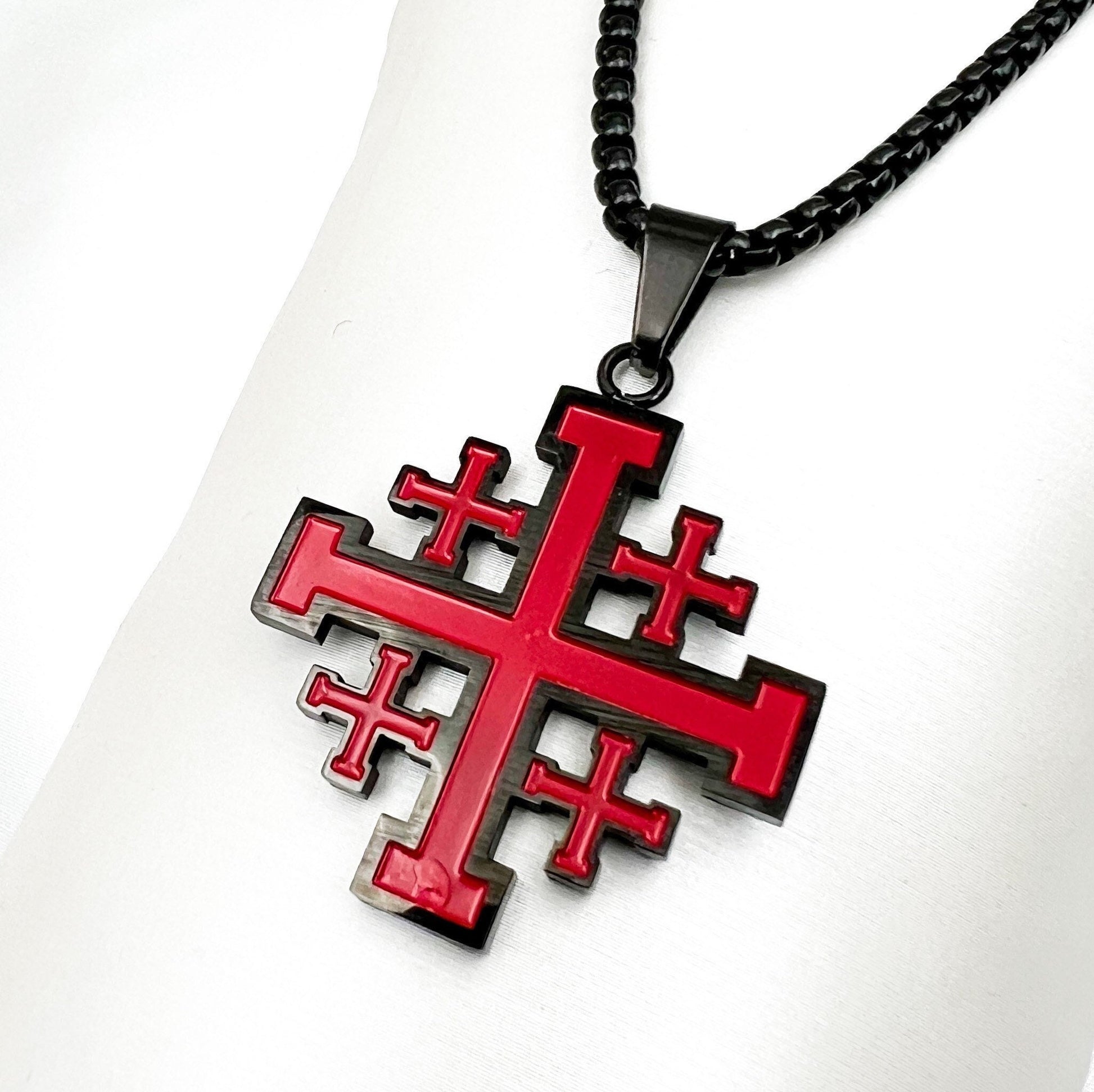 Jerusalem Cross Pendant in Red Enamel - Stainless Steel with Chain Included