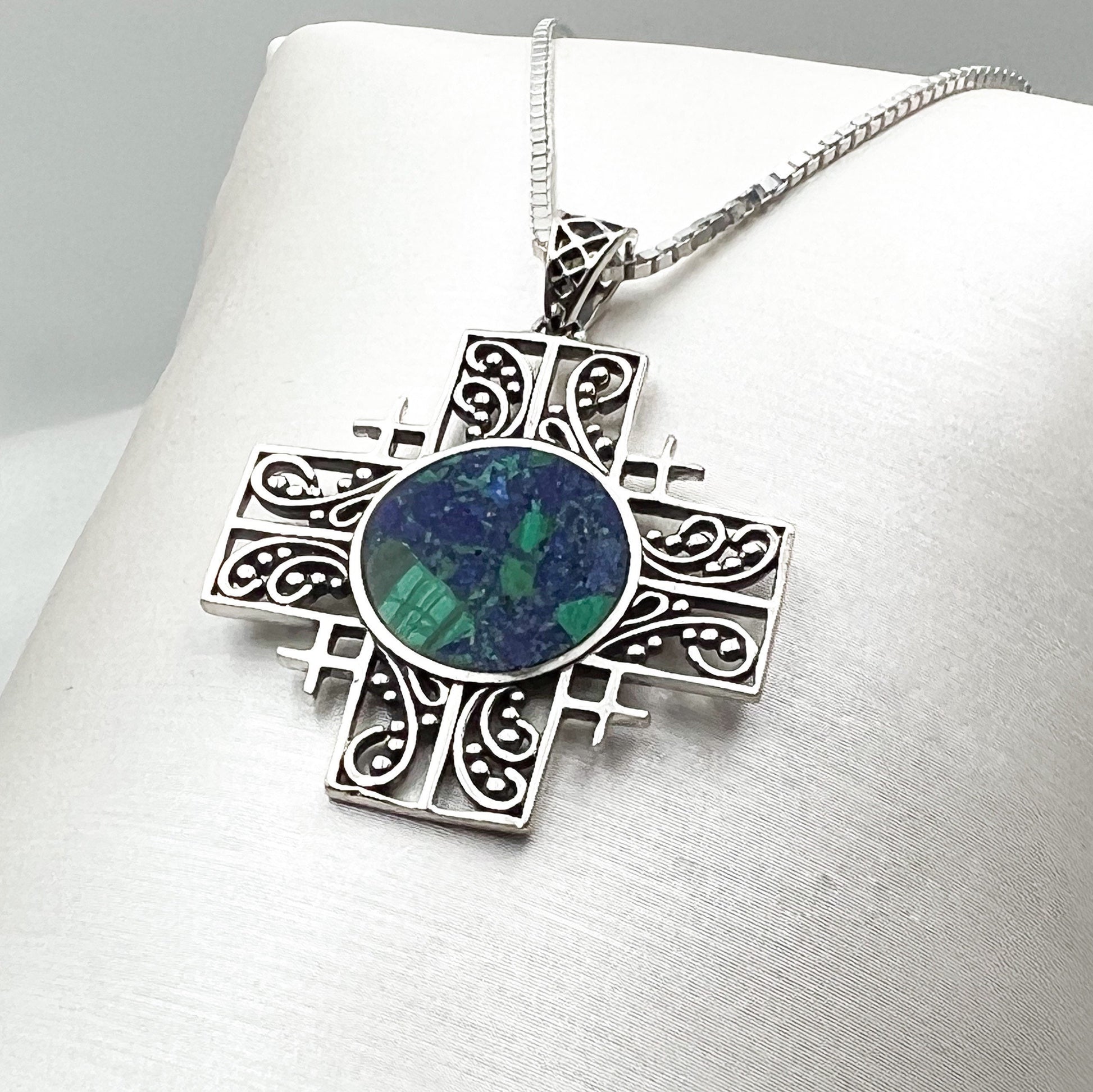King Solomon Eilat Stone Jerusalem Cross Pendant with Silver Chain
