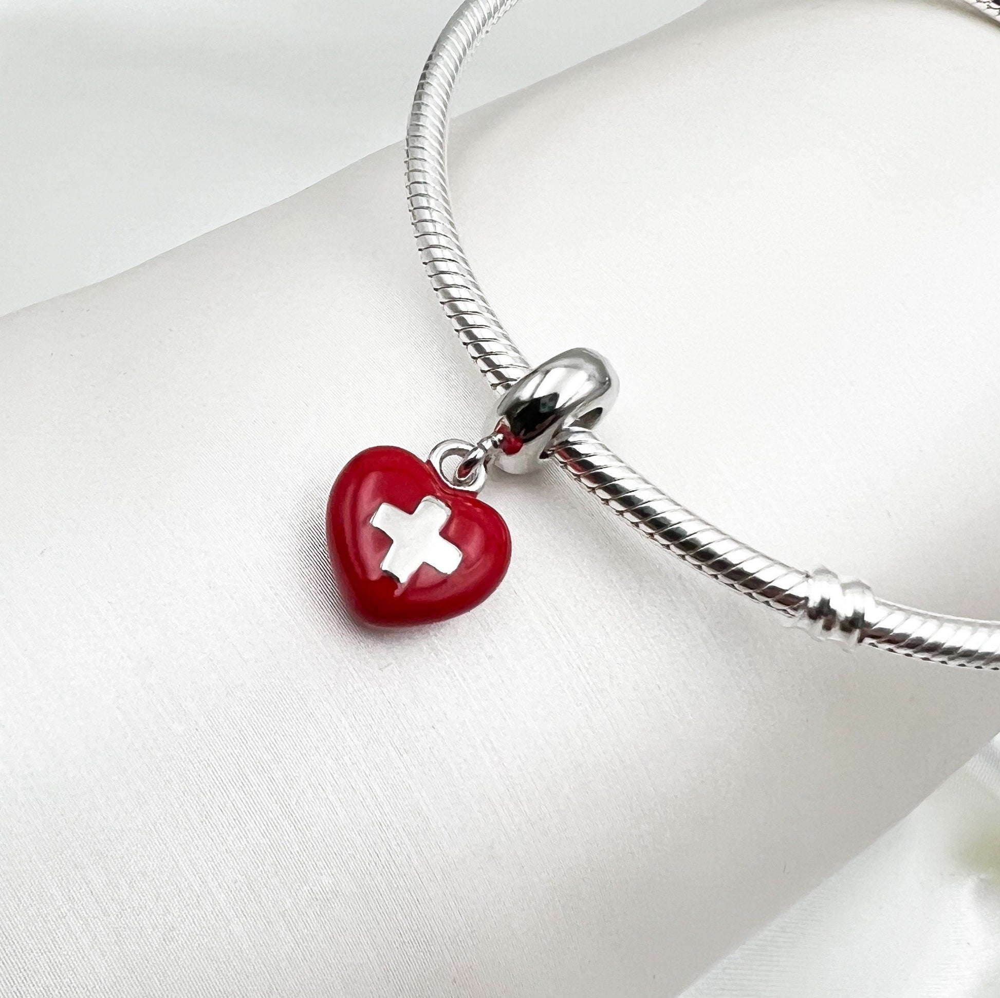 Swiss Heart Flag Charm in Red Enamel and Sterling Silver - Perfect for Pandora Bracelets