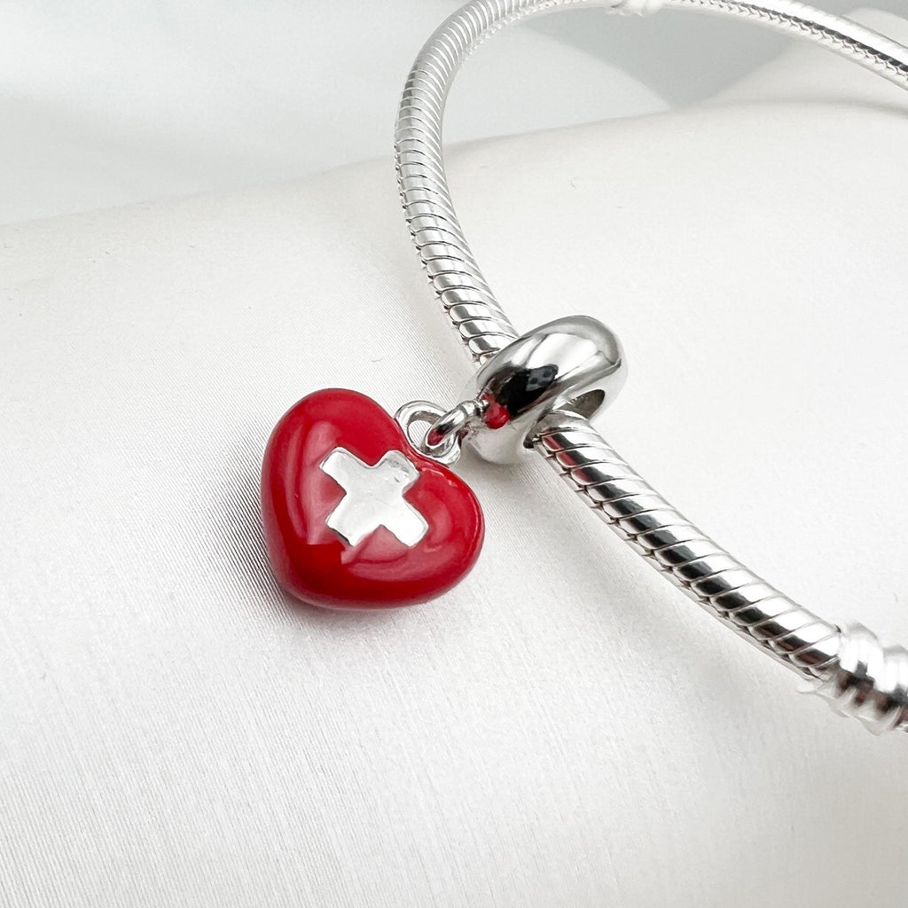 Swiss Heart Flag Charm in Red Enamel and Sterling Silver - Perfect for Pandora Bracelets