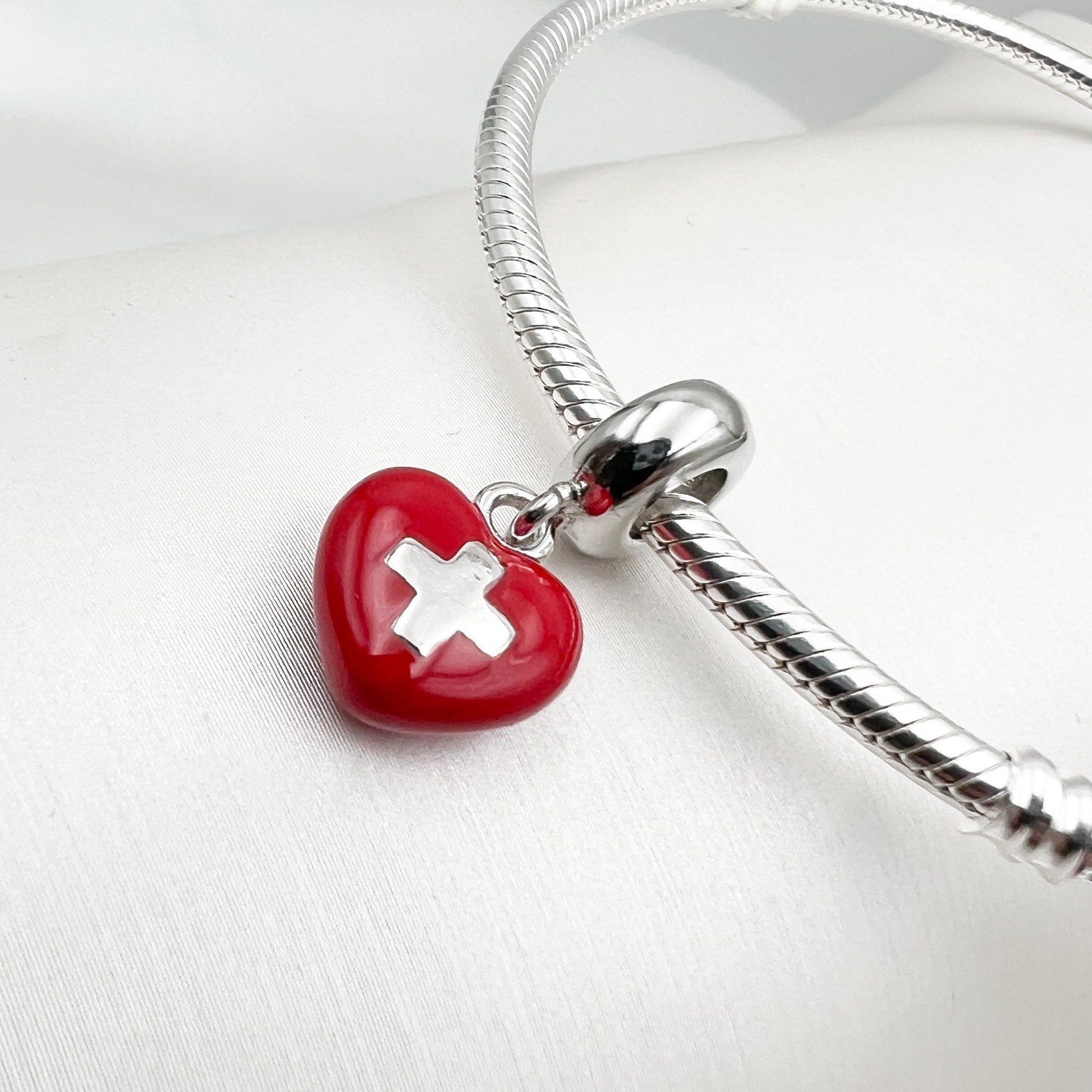 Swiss Heart Flag Charm in Red Enamel and Sterling Silver - Perfect for Pandora Bracelets