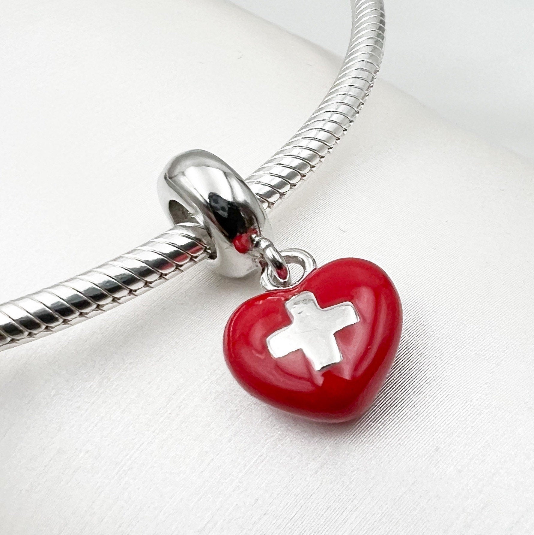 Swiss Heart Flag Charm in Red Enamel and Sterling Silver - Perfect for Pandora Bracelets