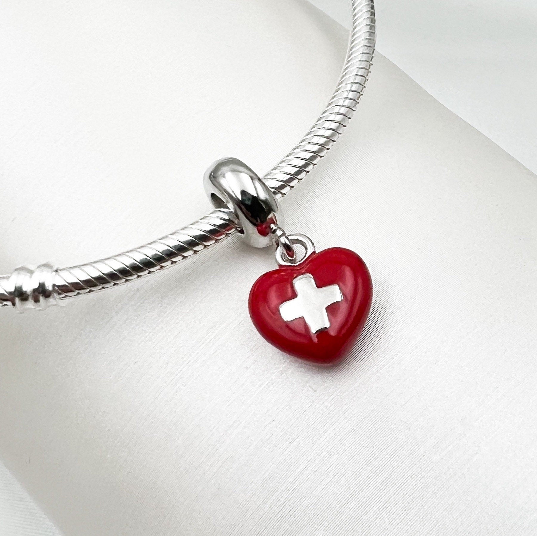 Swiss Heart Flag Charm in Red Enamel and Sterling Silver - Perfect for Pandora Bracelets