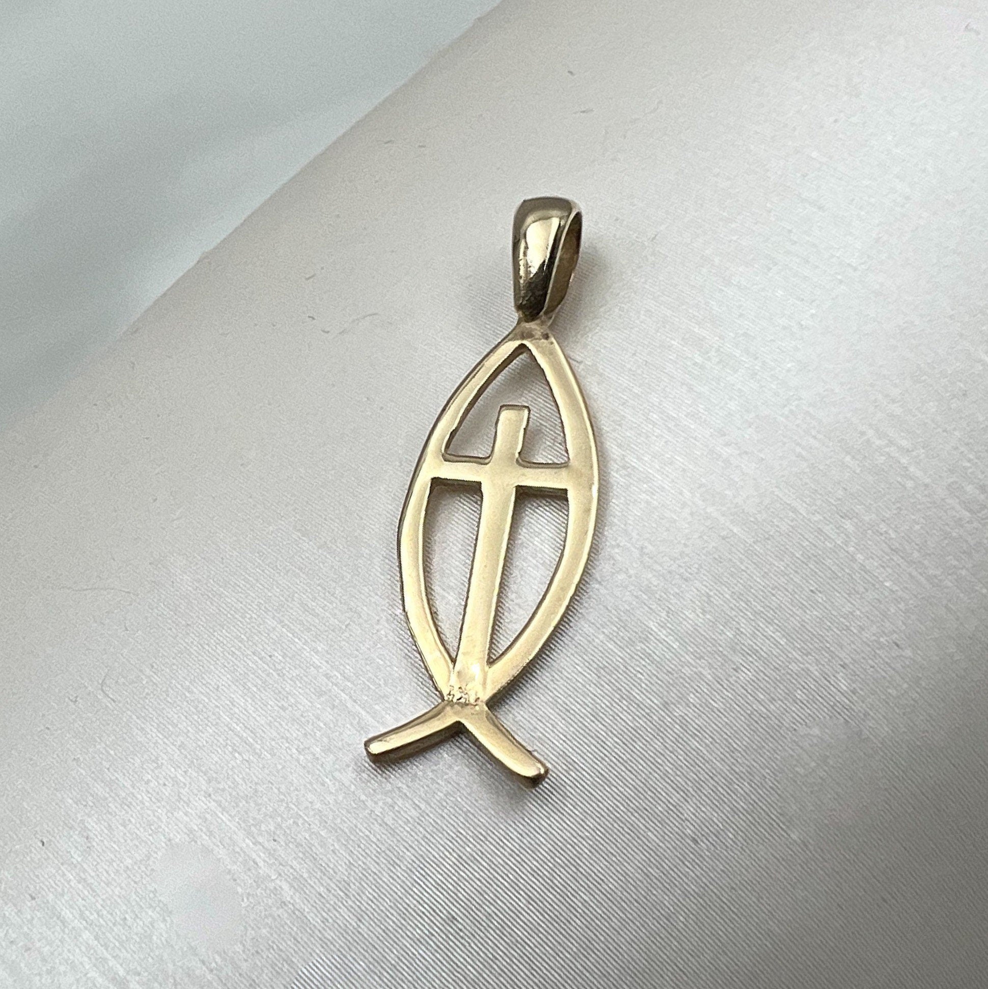 Gold Fish and Cross Pendant in 14k Yellow Gold