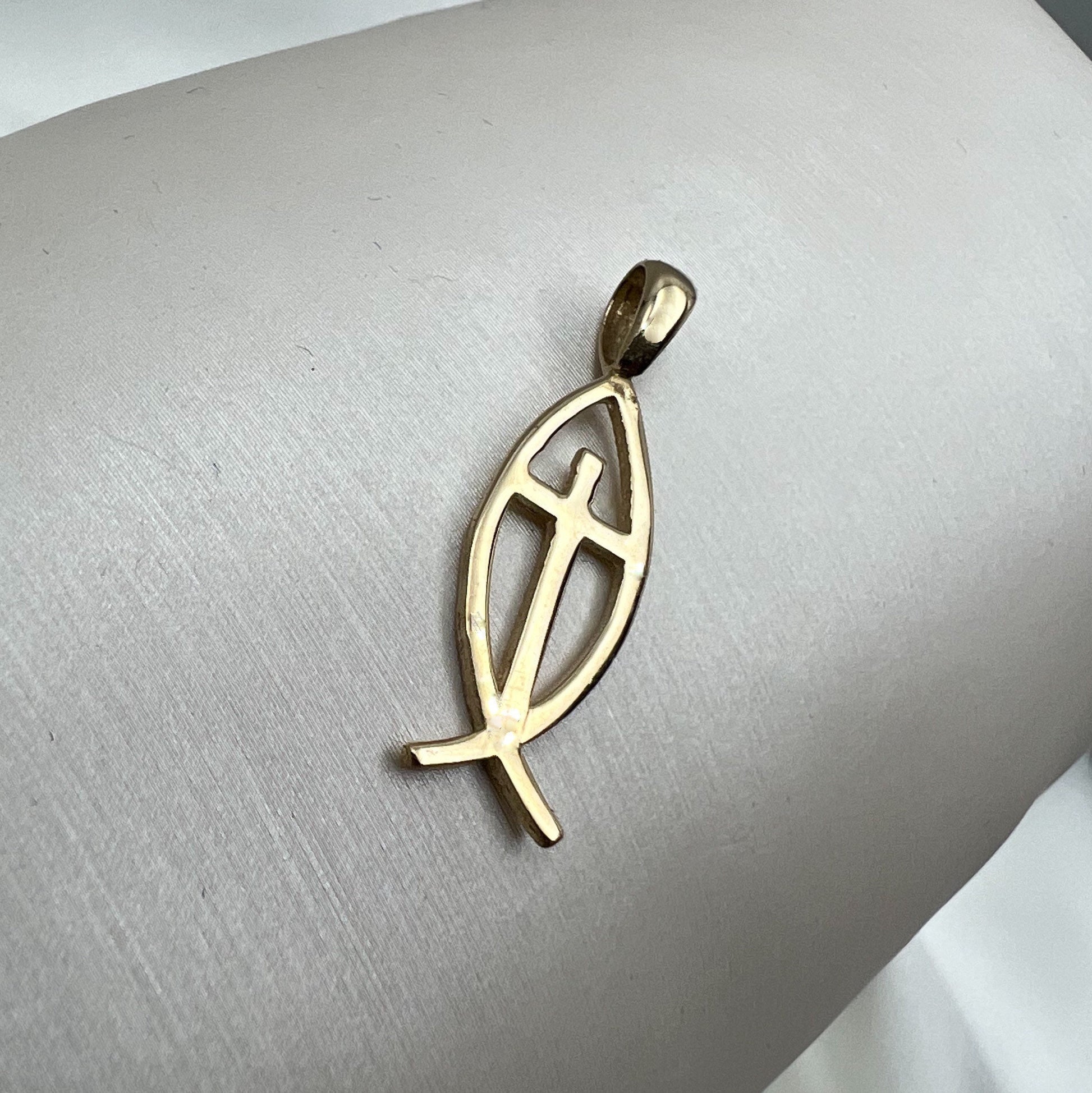 Gold Fish and Cross Pendant in 14k Yellow Gold