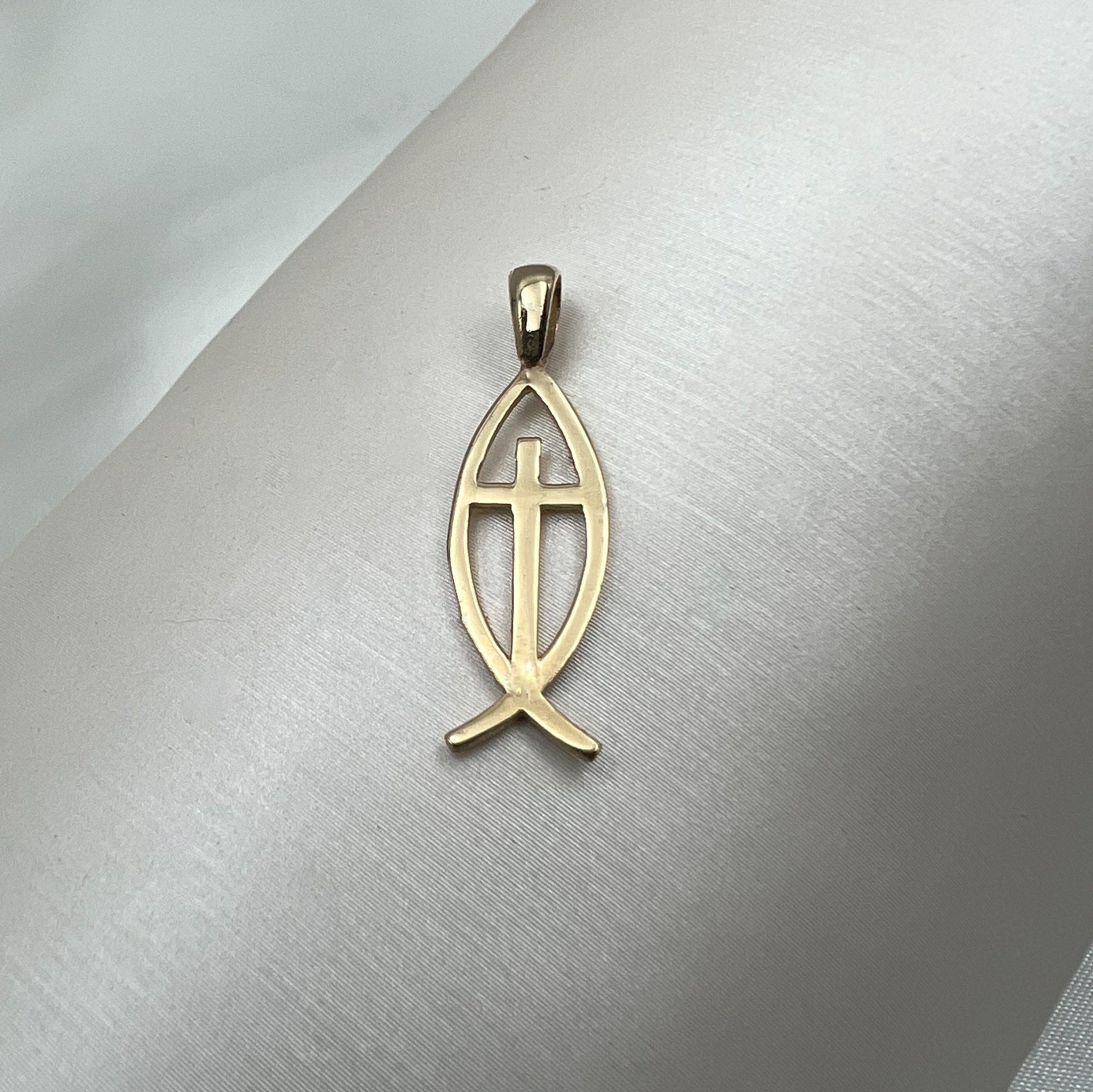 Gold Fish and Cross Pendant in 14k Yellow Gold