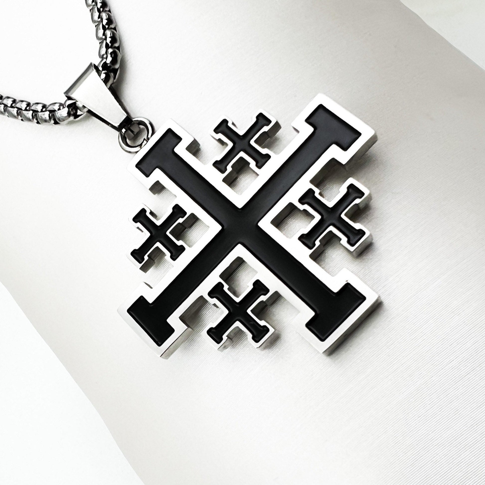 Jerusalem Cross Pendant in Stainless Steel and Black Enamel - Chain Included