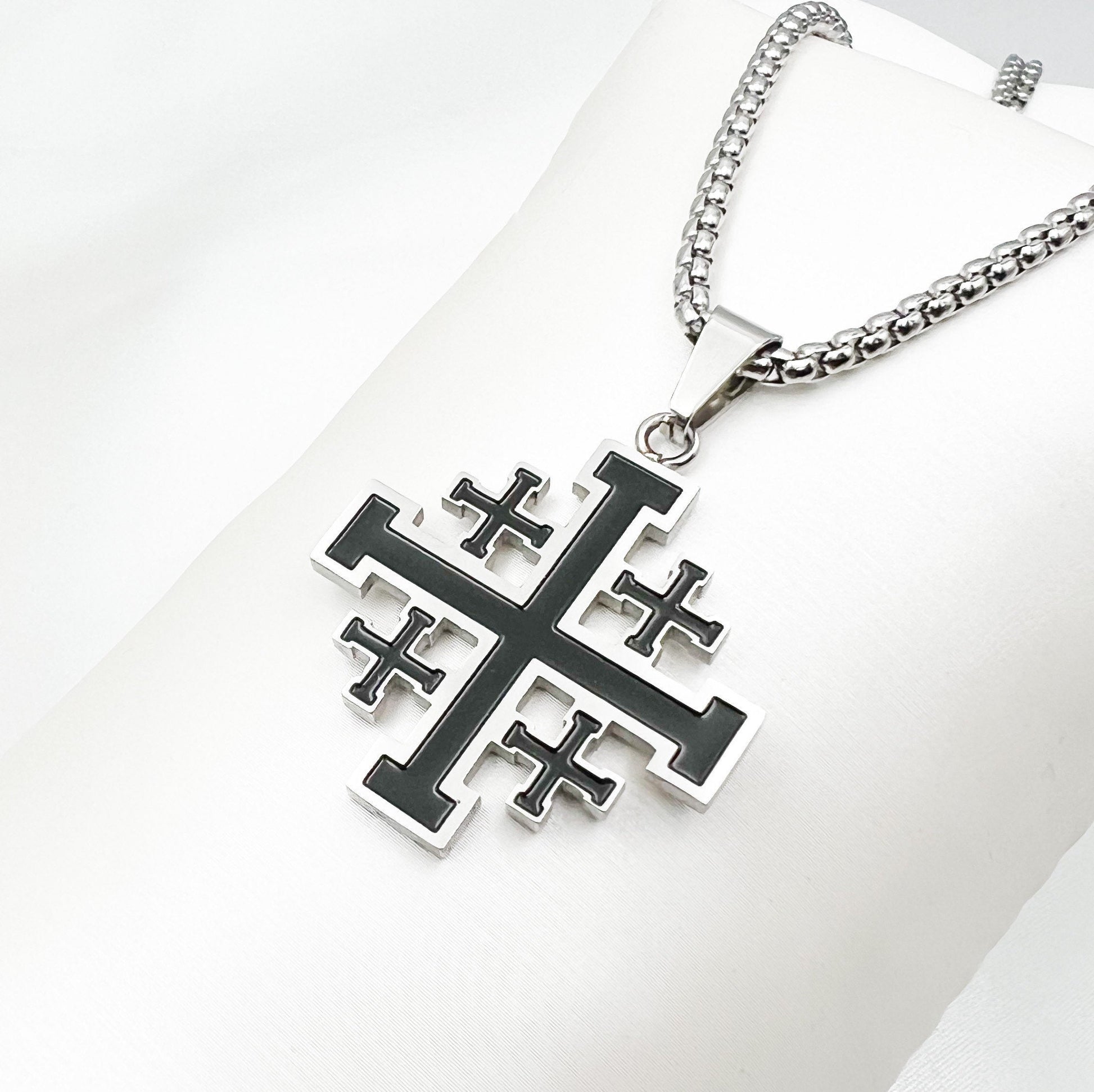 Jerusalem Cross Pendant in Stainless Steel and Black Enamel - Chain Included