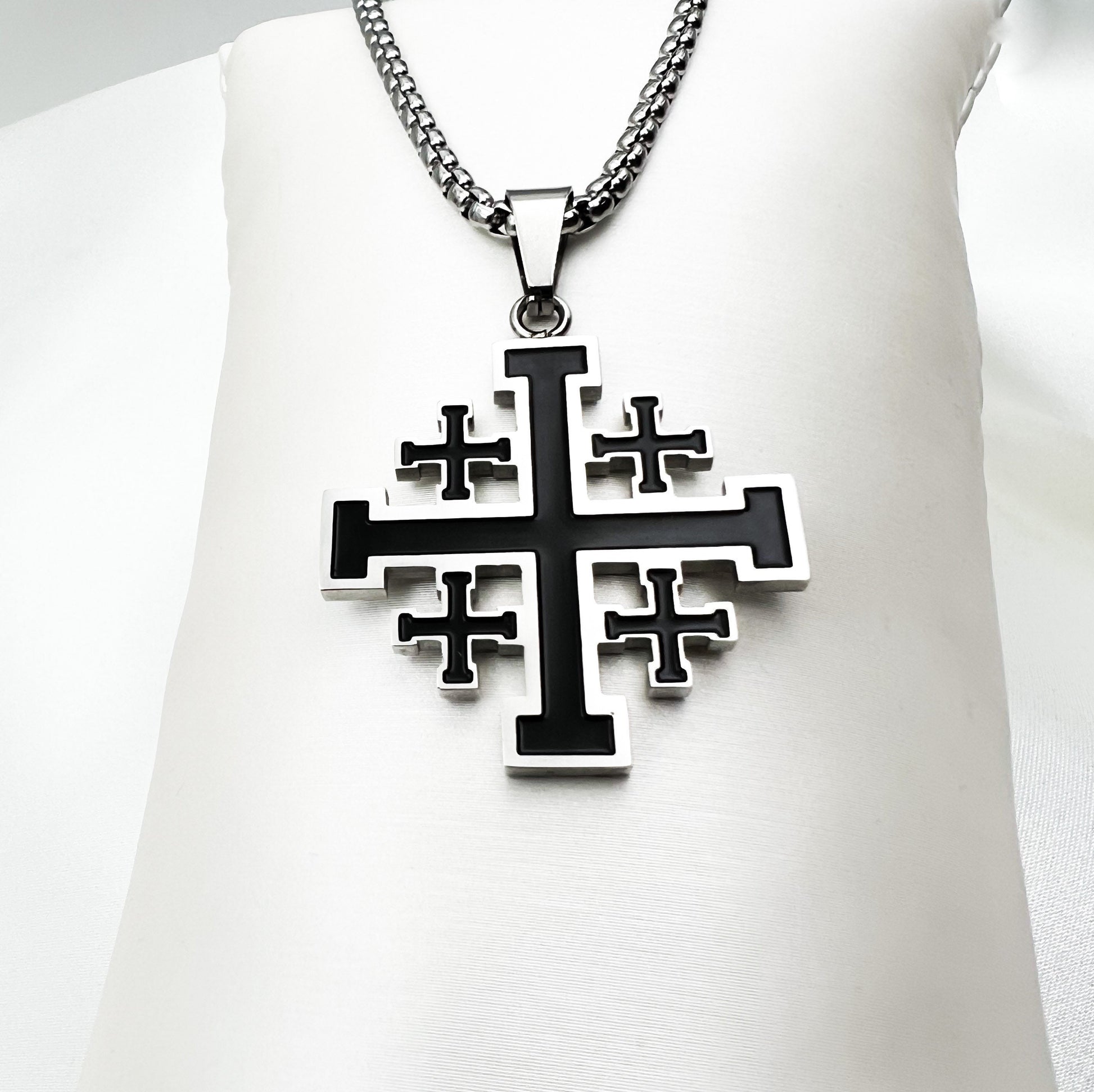 Jerusalem Cross Pendant in Stainless Steel and Black Enamel - Chain Included
