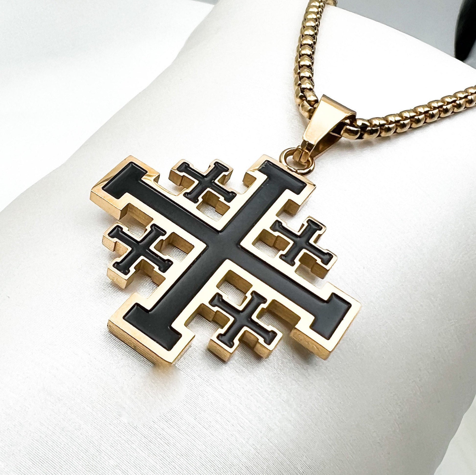 Jerusalem Cross Pendant in Gold with Enamel Detailing - Stainless Steel - Includes Chain