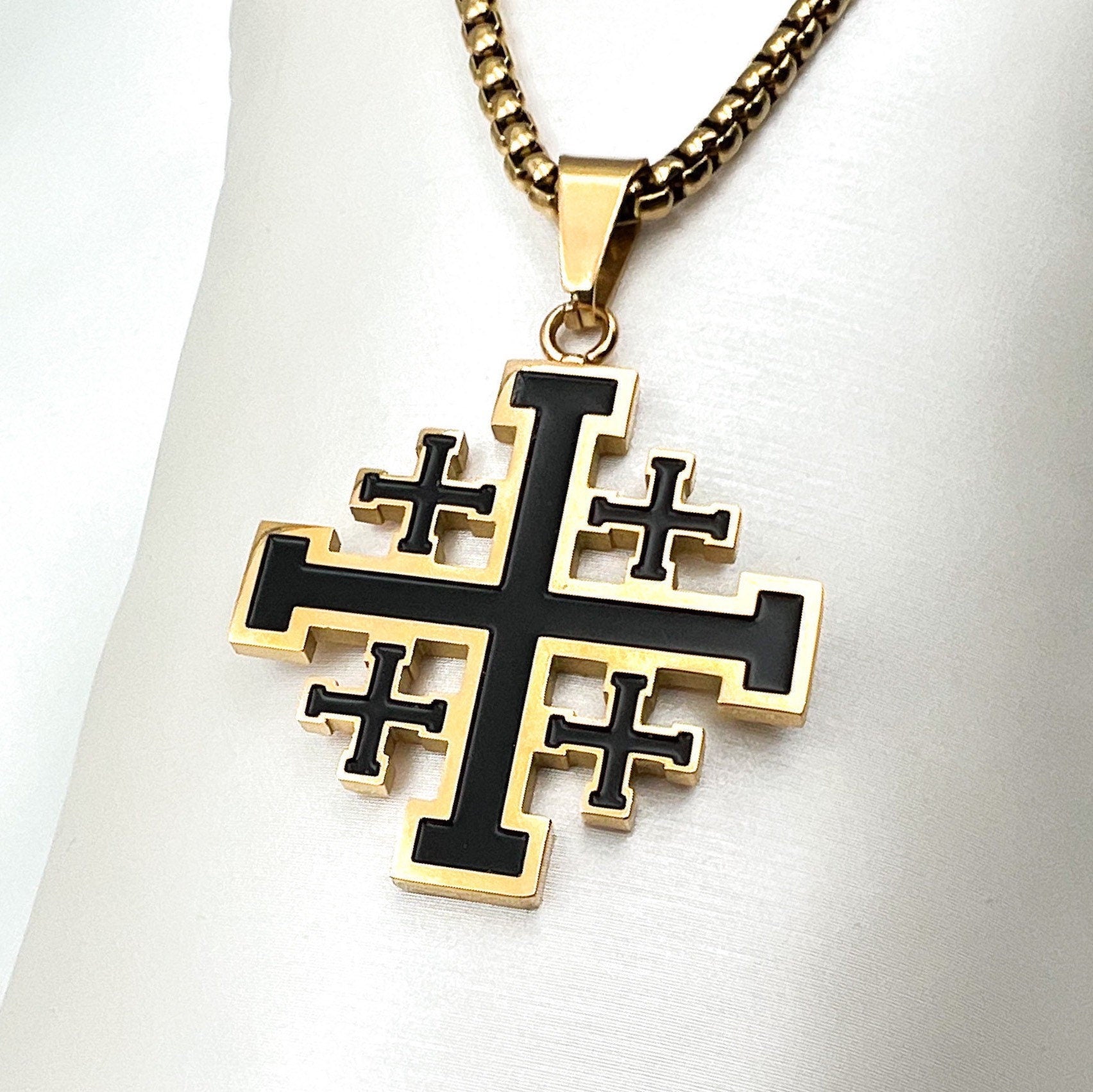 Jerusalem Cross Pendant in Gold with Enamel Detailing - Stainless Steel - Includes Chain