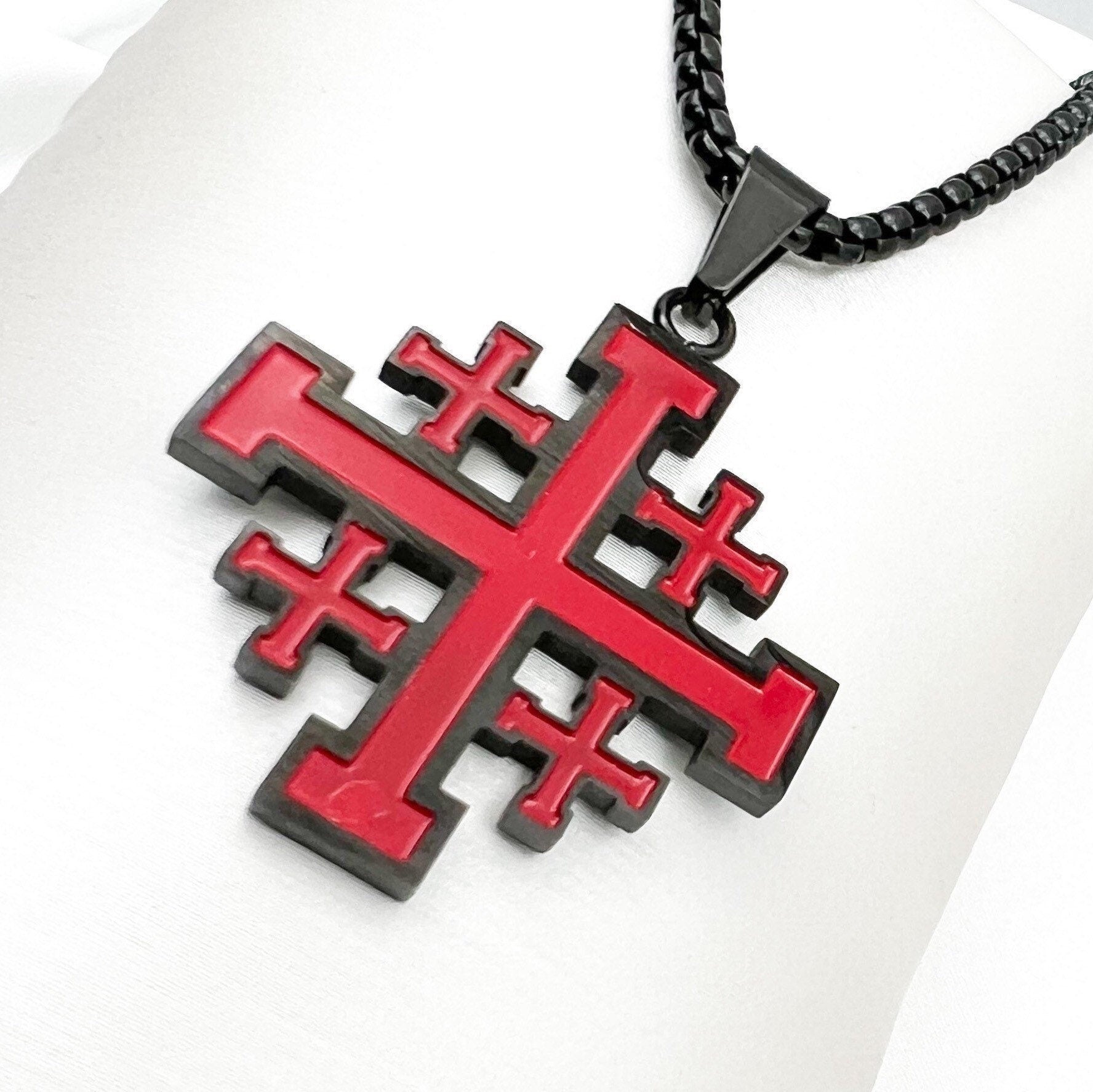 Jerusalem Cross Pendant in Red Enamel - Stainless Steel with Chain Included