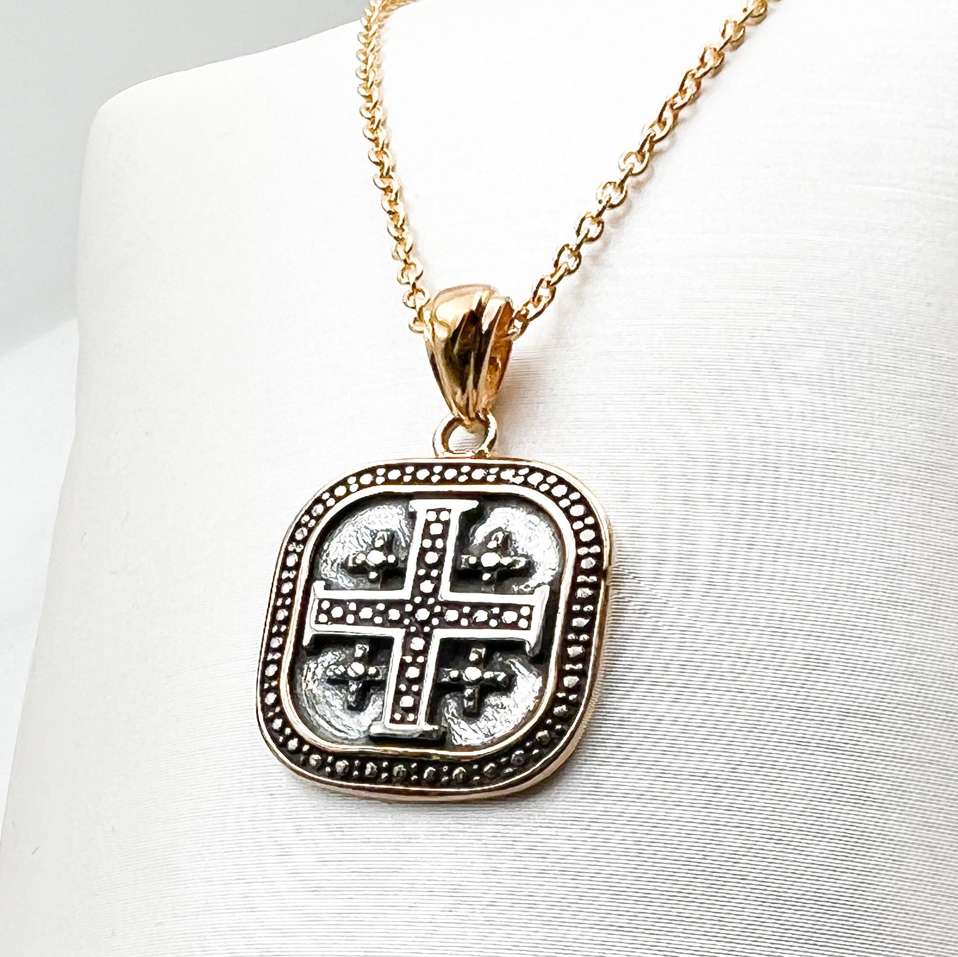 Holy Land Jerusalem Cross Pendant in Silver 925 and Gold Blessing