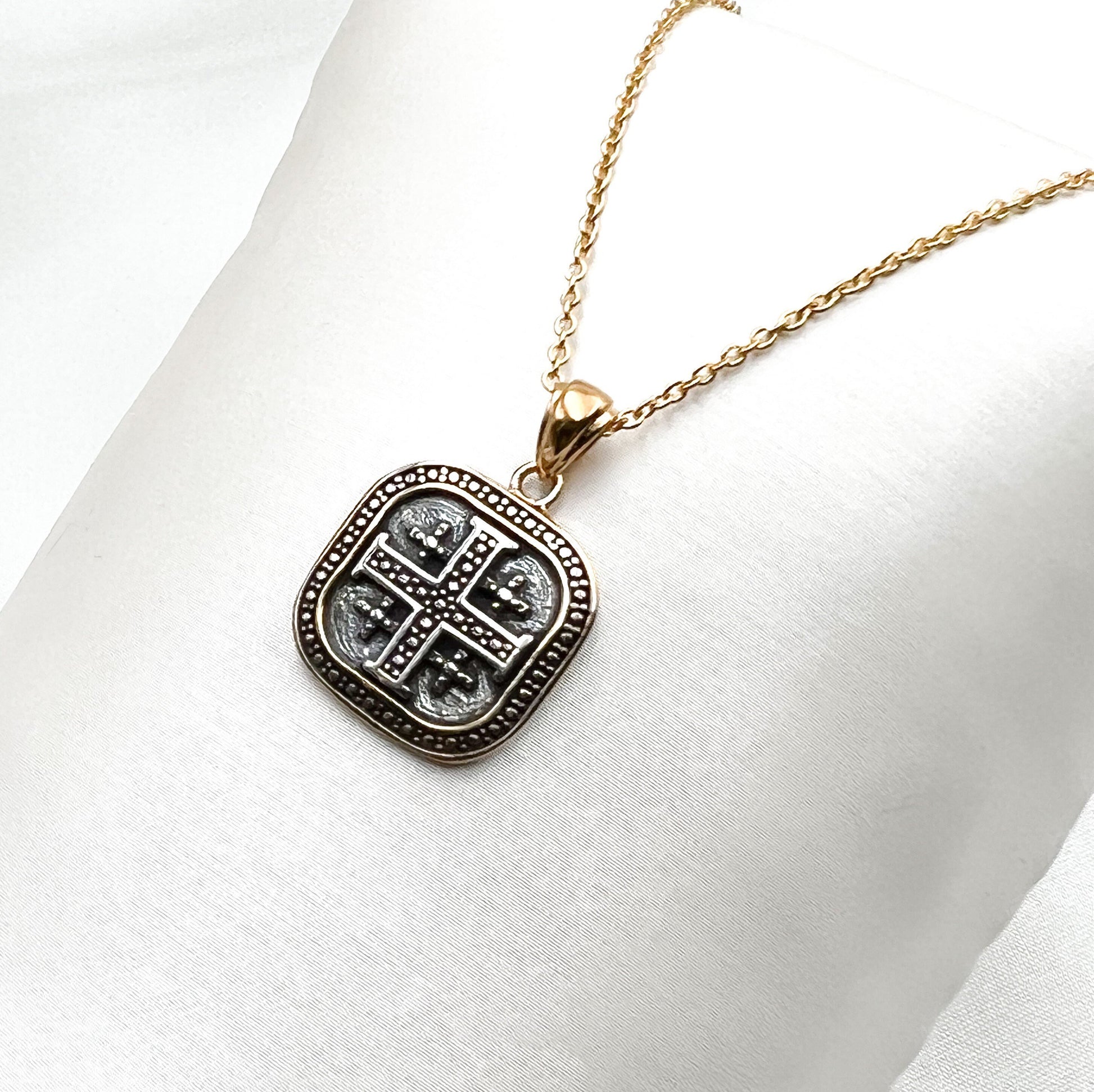 Holy Land Jerusalem Cross Pendant in Silver 925 and Gold Blessing