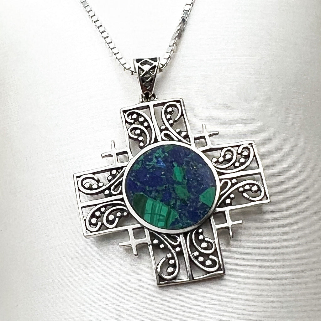 King Solomon Eilat Stone Jerusalem Cross Pendant with Silver Chain