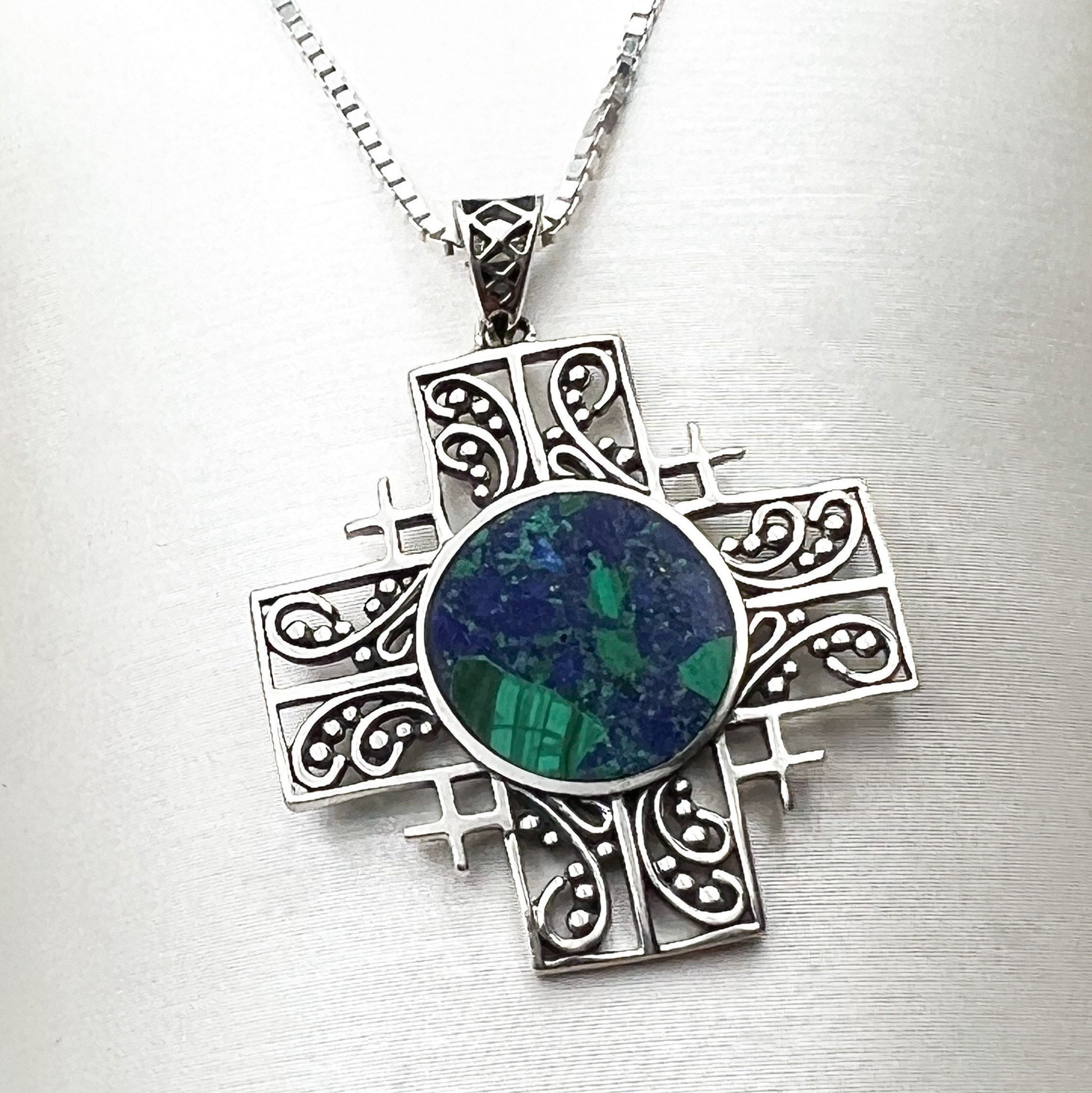 King Solomon Eilat Stone Jerusalem Cross Pendant with Silver Chain
