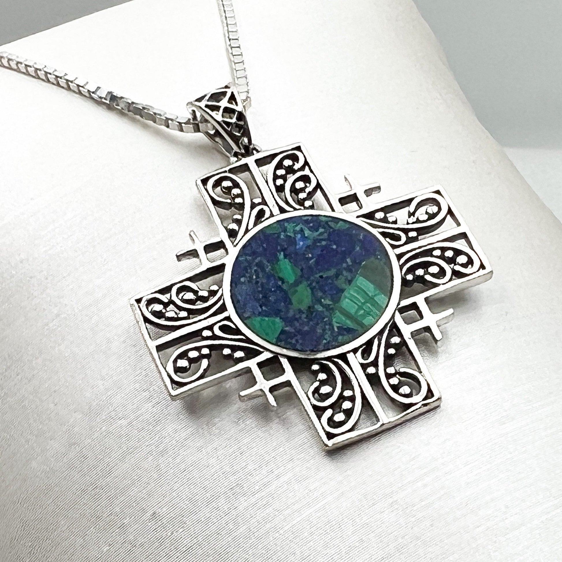 King Solomon Eilat Stone Jerusalem Cross Pendant with Silver Chain