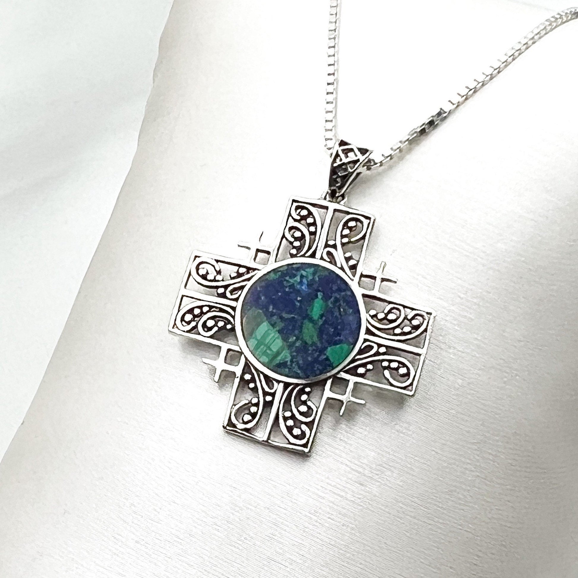King Solomon Eilat Stone Jerusalem Cross Pendant with Silver Chain