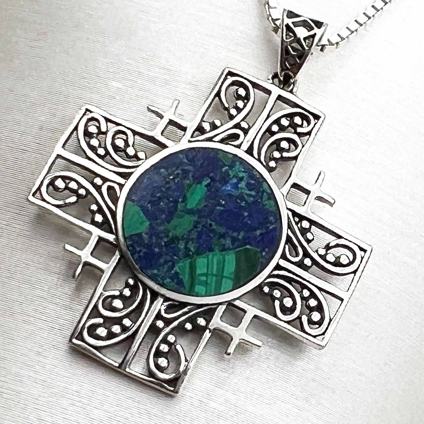 King Solomon Eilat Stone Jerusalem Cross Pendant with Silver Chain