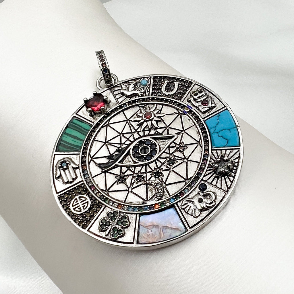 Large Protection Pendant with Multi-Stone Design in 925 Silver