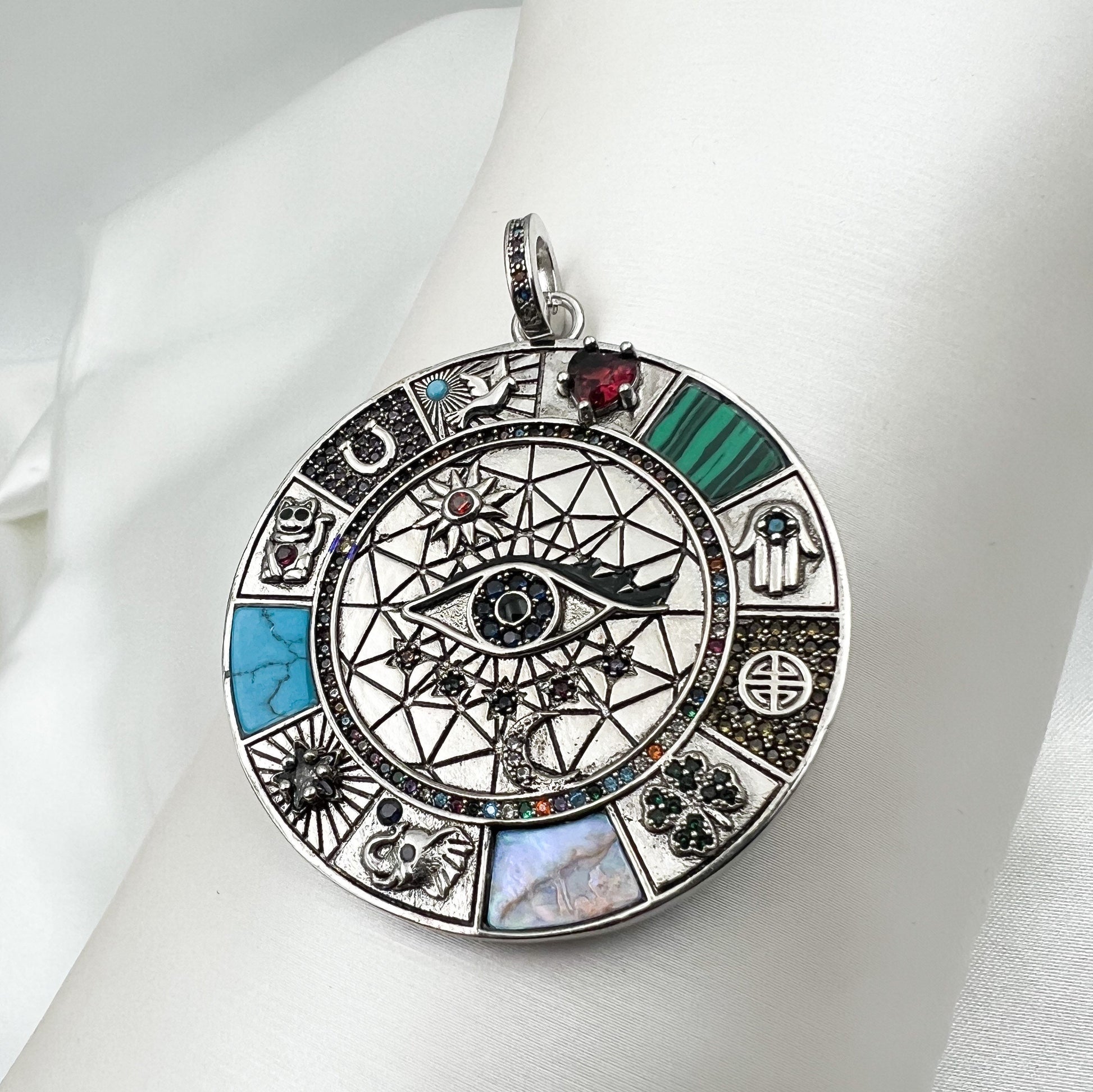 Large Protection Pendant with Multi-Stone Design in 925 Silver