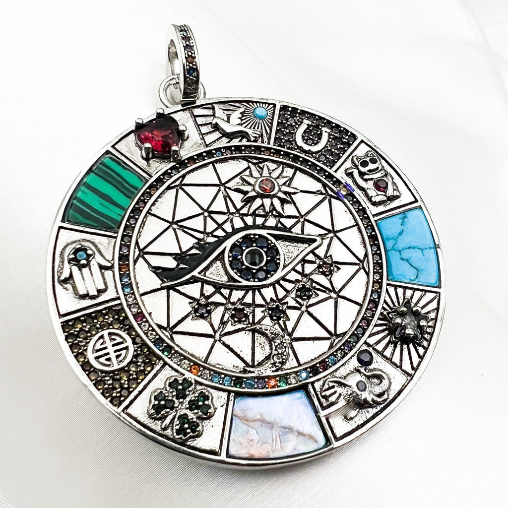 Large Protection Pendant with Multi-Stone Design in 925 Silver