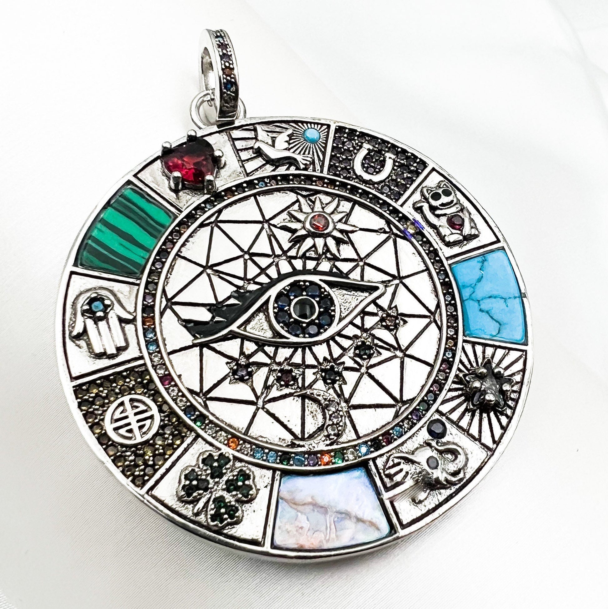 Large Protection Pendant with Multi-Stone Design in 925 Silver
