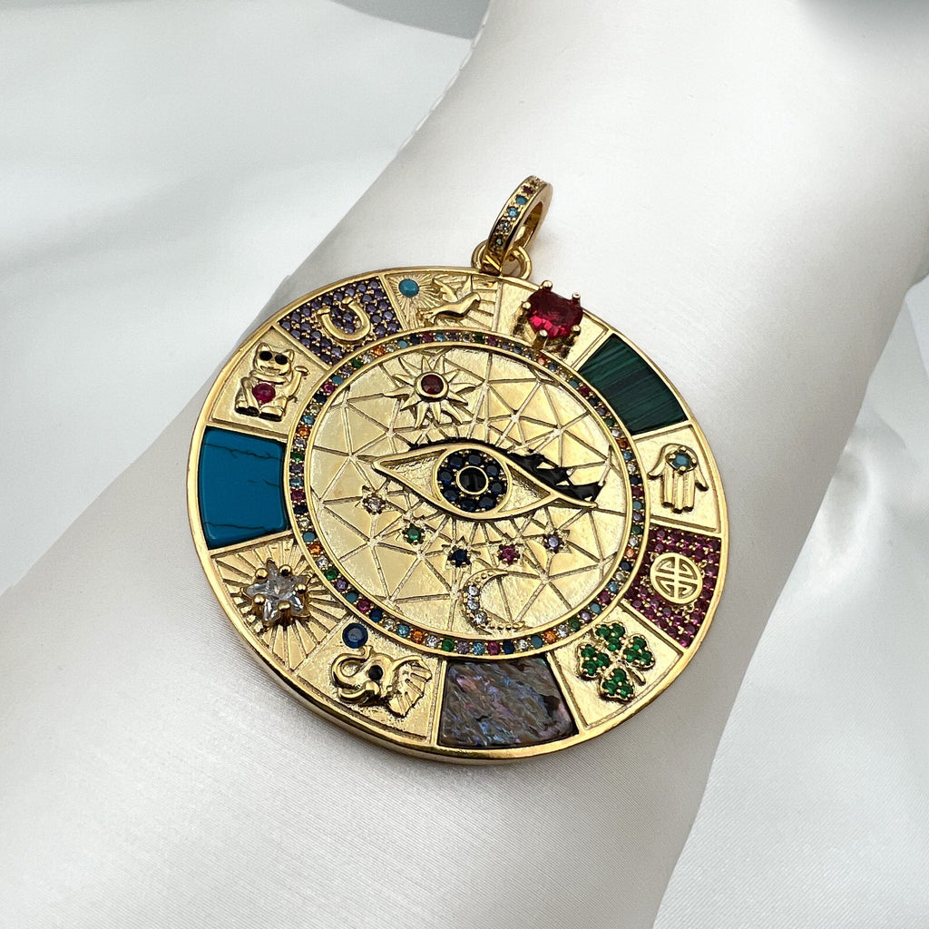 Large Protection Pendant in 925 Silver and Gold with Stones and Symbols