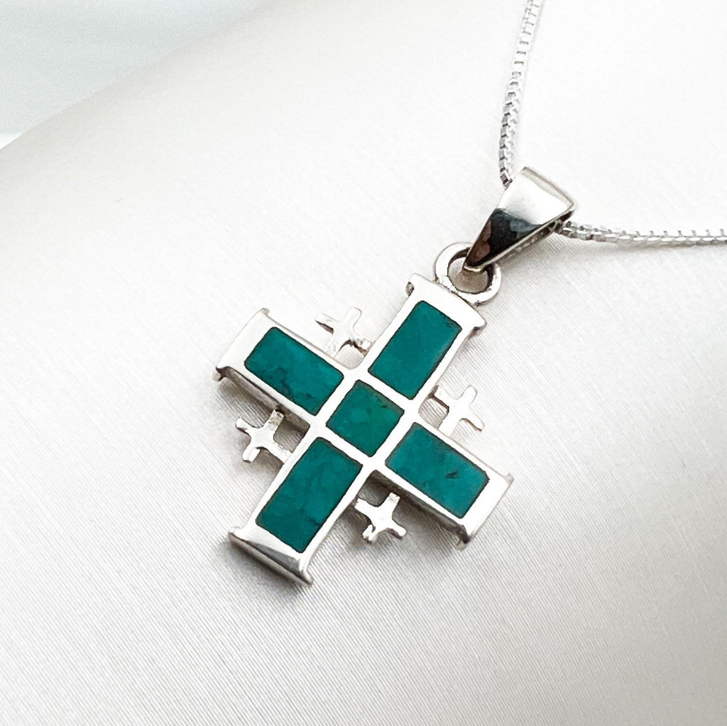 King Solomon Eilat Stone Jerusalem Cross Pendant with Silver 925 Chain