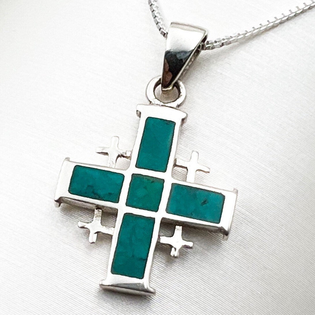 King Solomon Eilat Stone Jerusalem Cross Pendant with Silver 925 Chain