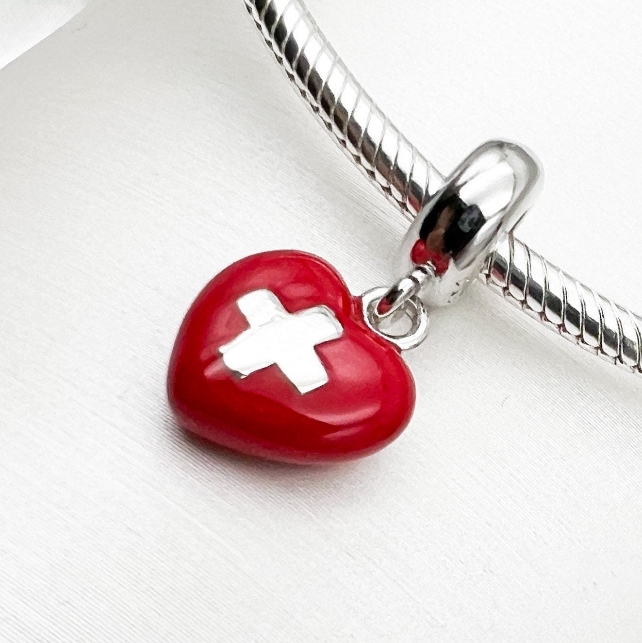 Swiss Heart Flag Charm in Red Enamel and Sterling Silver - Perfect for Pandora Bracelets