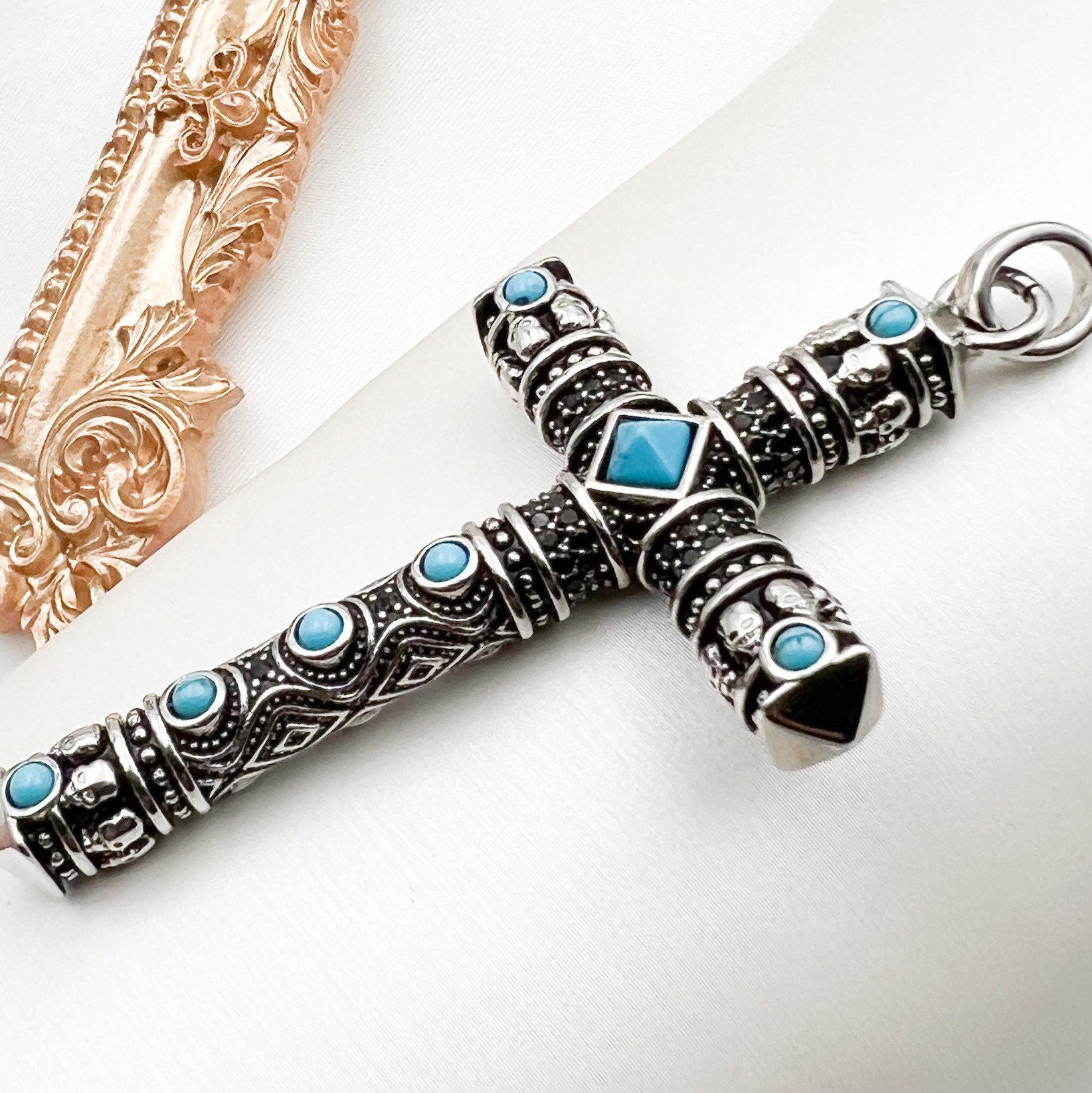 Large Handmade Cross Pendant with Turquoise and Onyx Stones in Sterling Silver 925