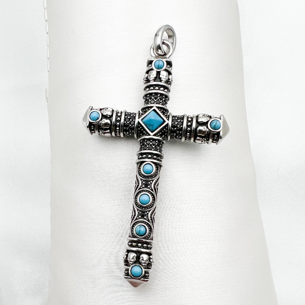 Large Handmade Cross Pendant with Turquoise and Onyx Stones in Sterling Silver 925