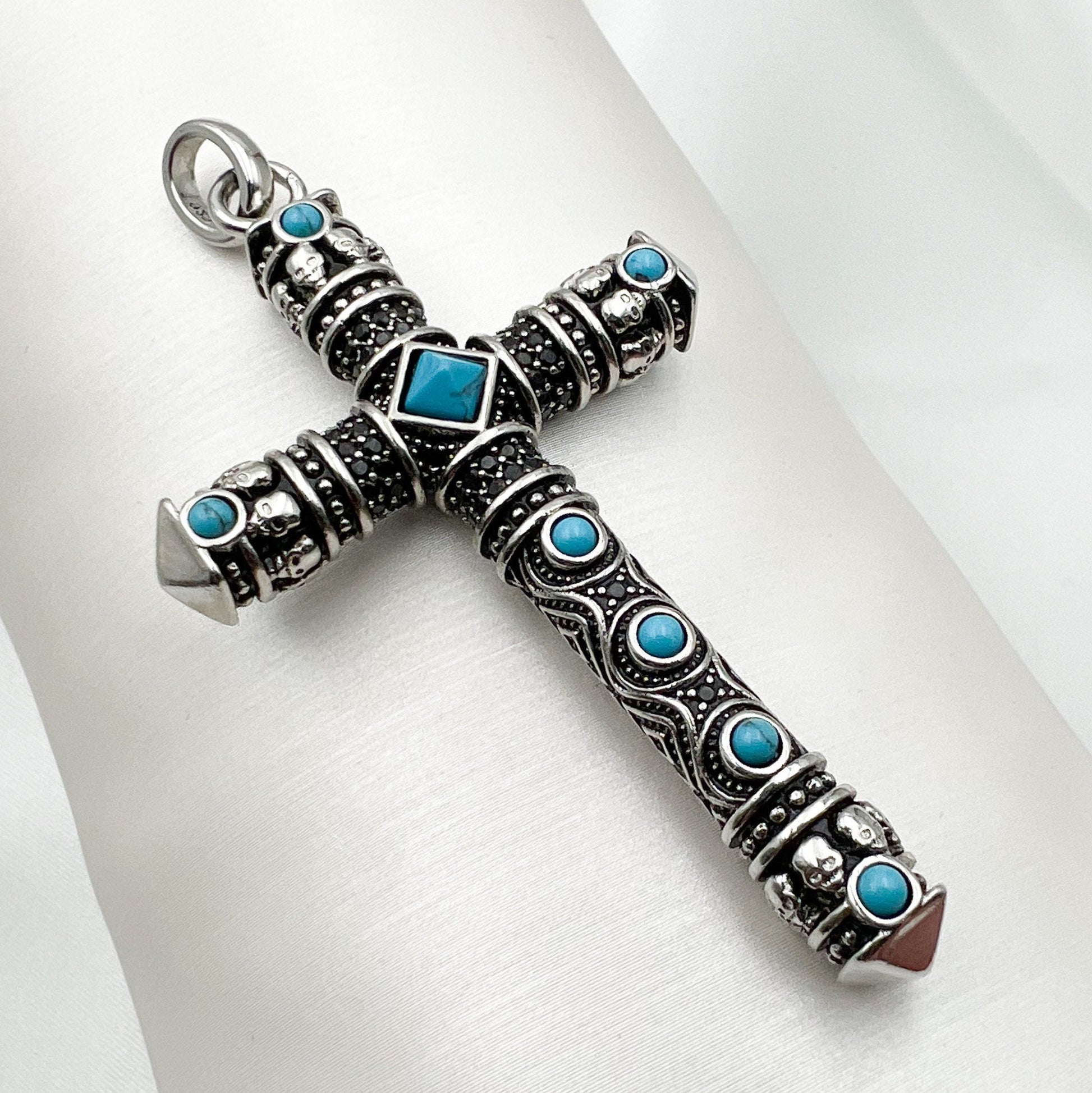 Large Handmade Cross Pendant with Turquoise and Onyx Stones in Sterling Silver 925