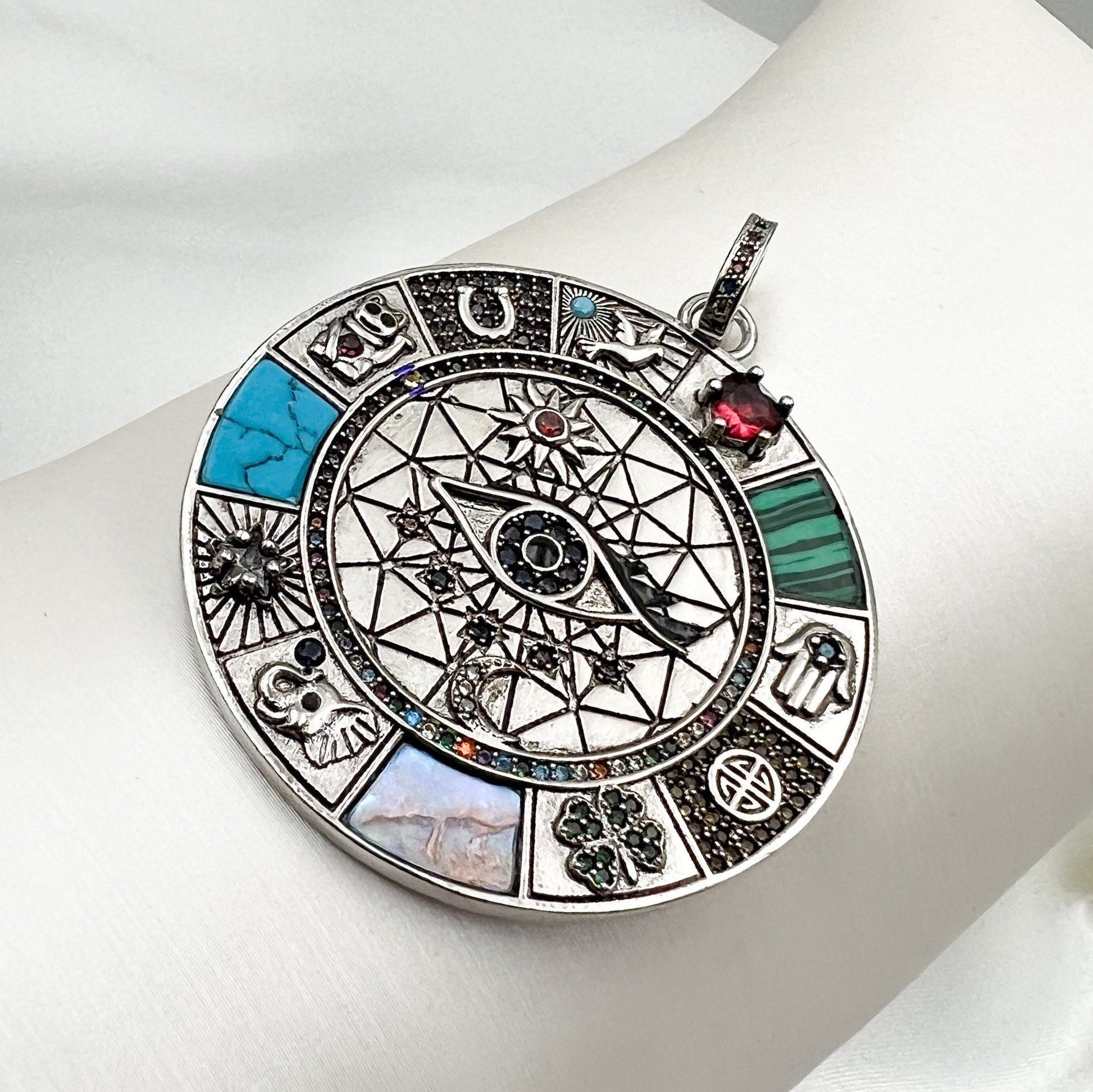 Large Protection Pendant with Multi-Stone Design in 925 Silver