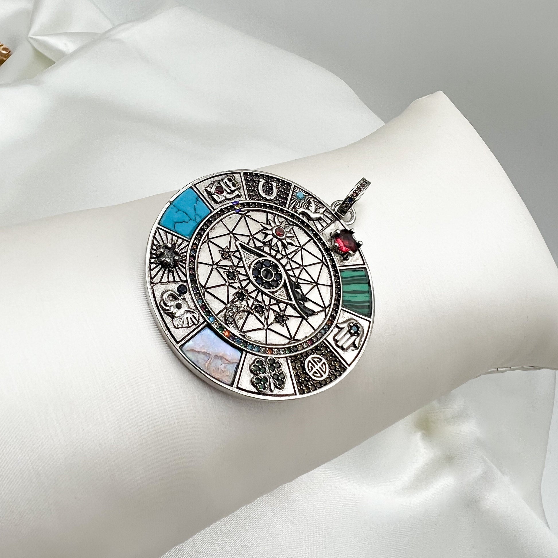 Large Protection Pendant with Multi-Stone Design in 925 Silver