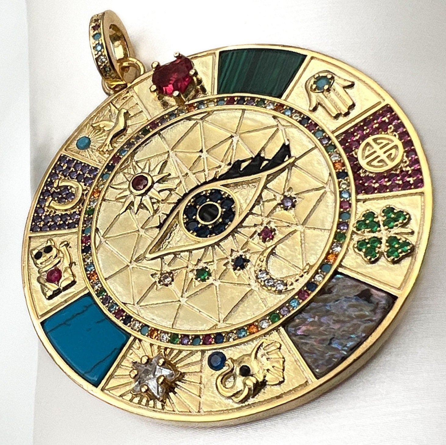 Large Protection Pendant in 925 Silver and Gold with Stones and Symbols