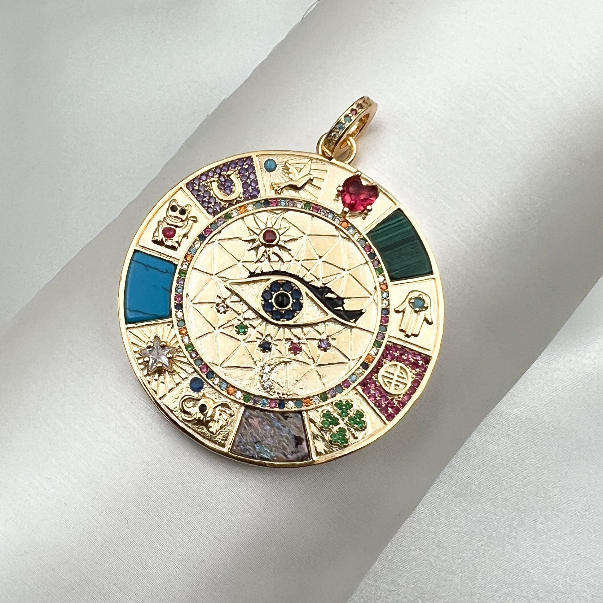 Large Protection Pendant in 925 Silver and Gold with Stones and Symbols