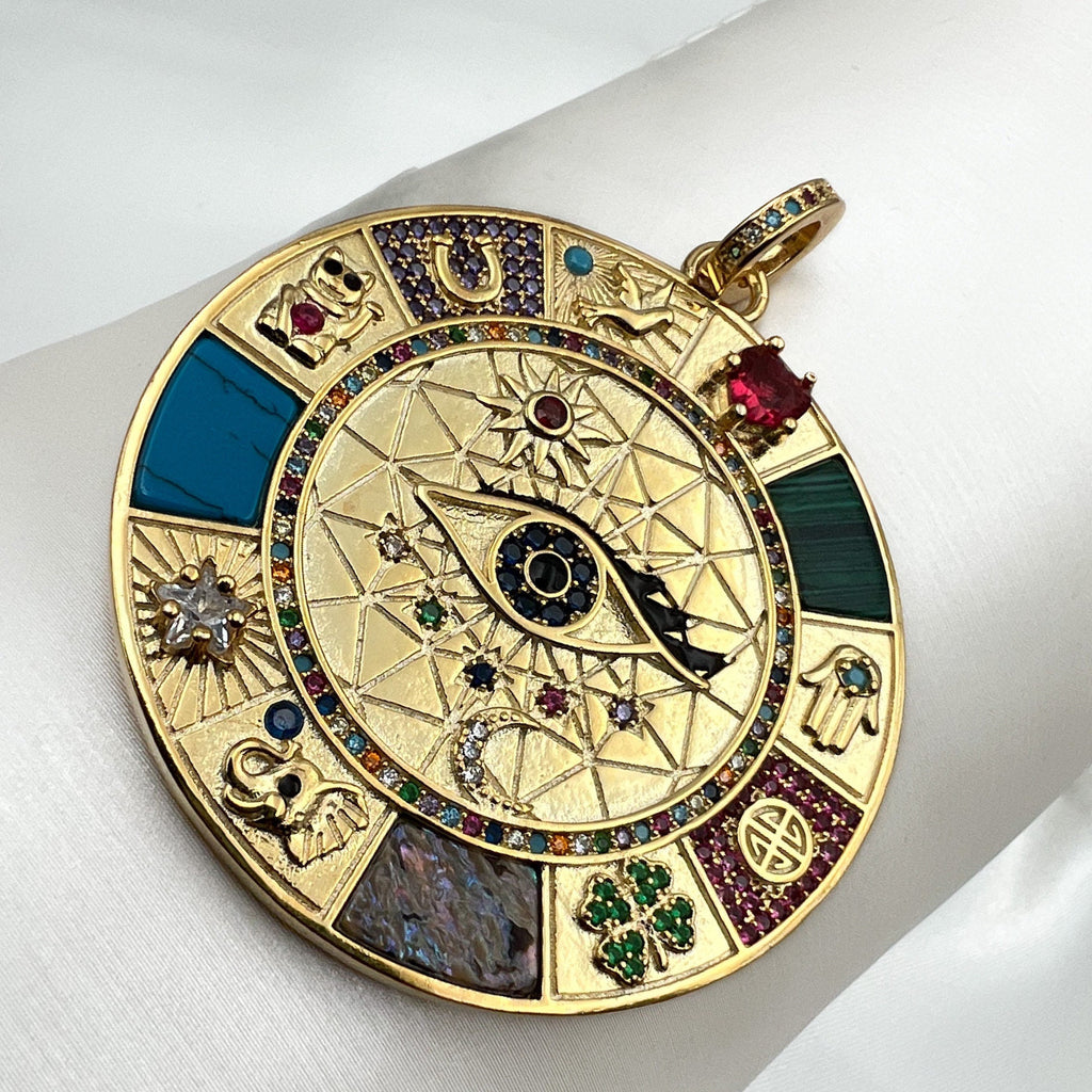 Large Protection Pendant in 925 Silver and Gold with Stones and Symbols