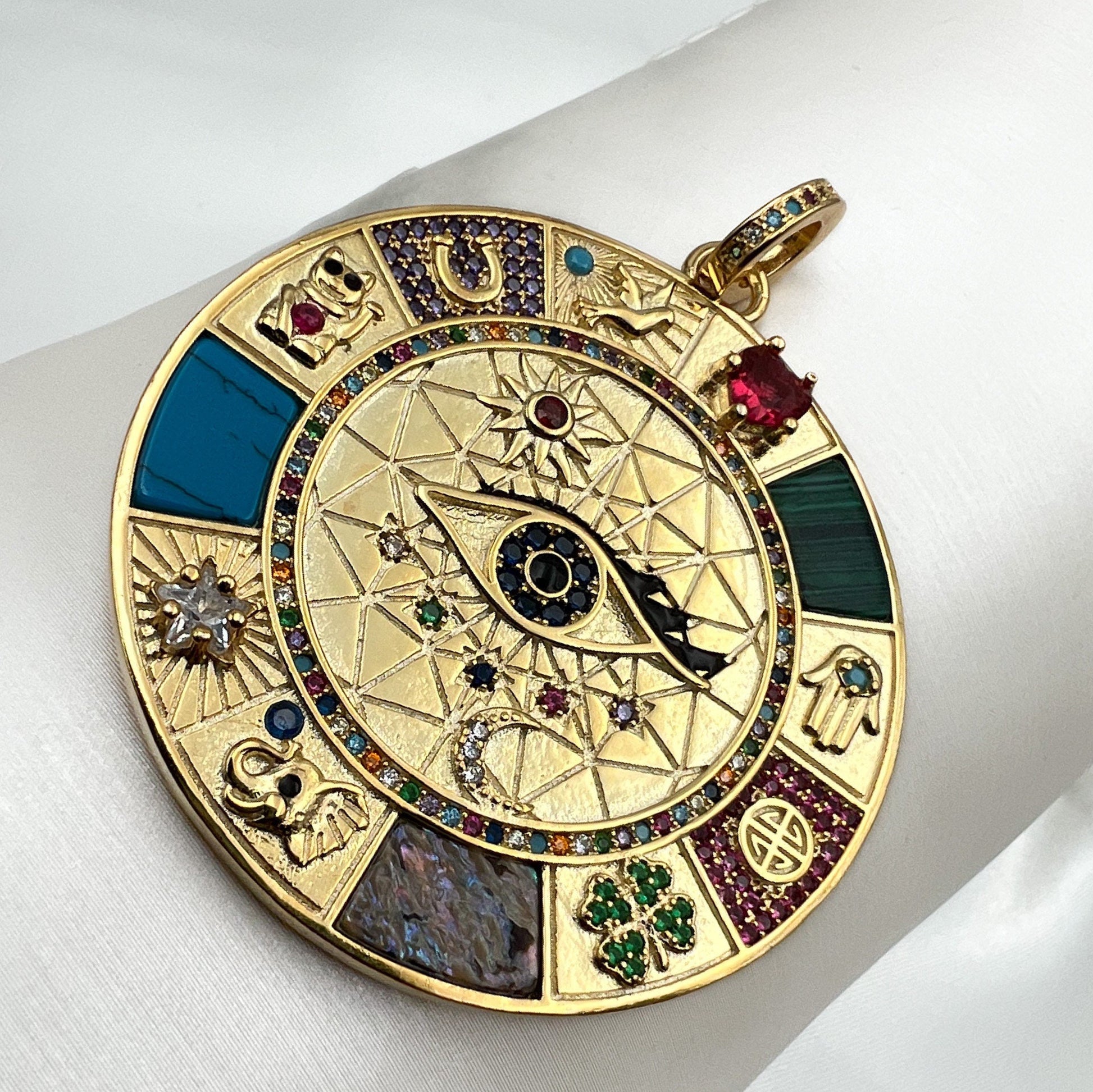 Large Protection Pendant in 925 Silver and Gold with Stones and Symbols