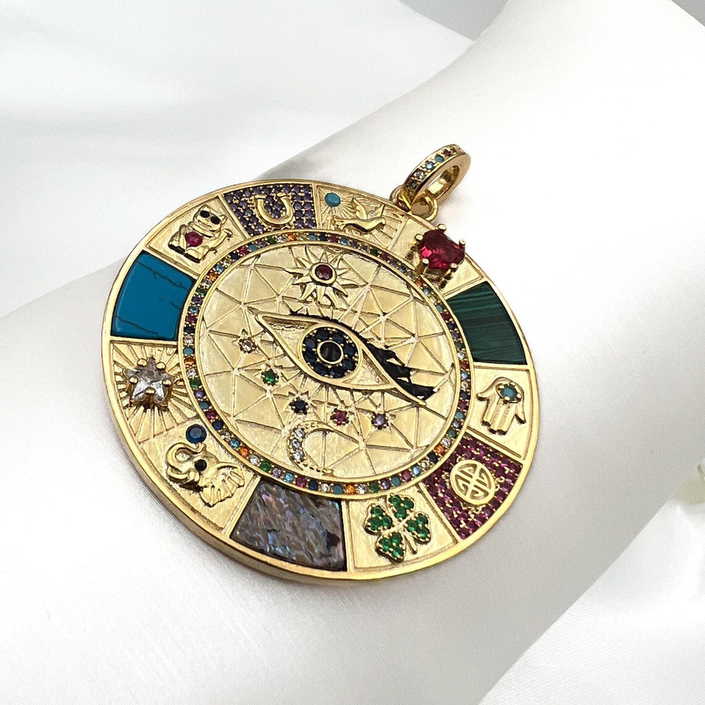 Large Protection Pendant in 925 Silver and Gold with Stones and Symbols
