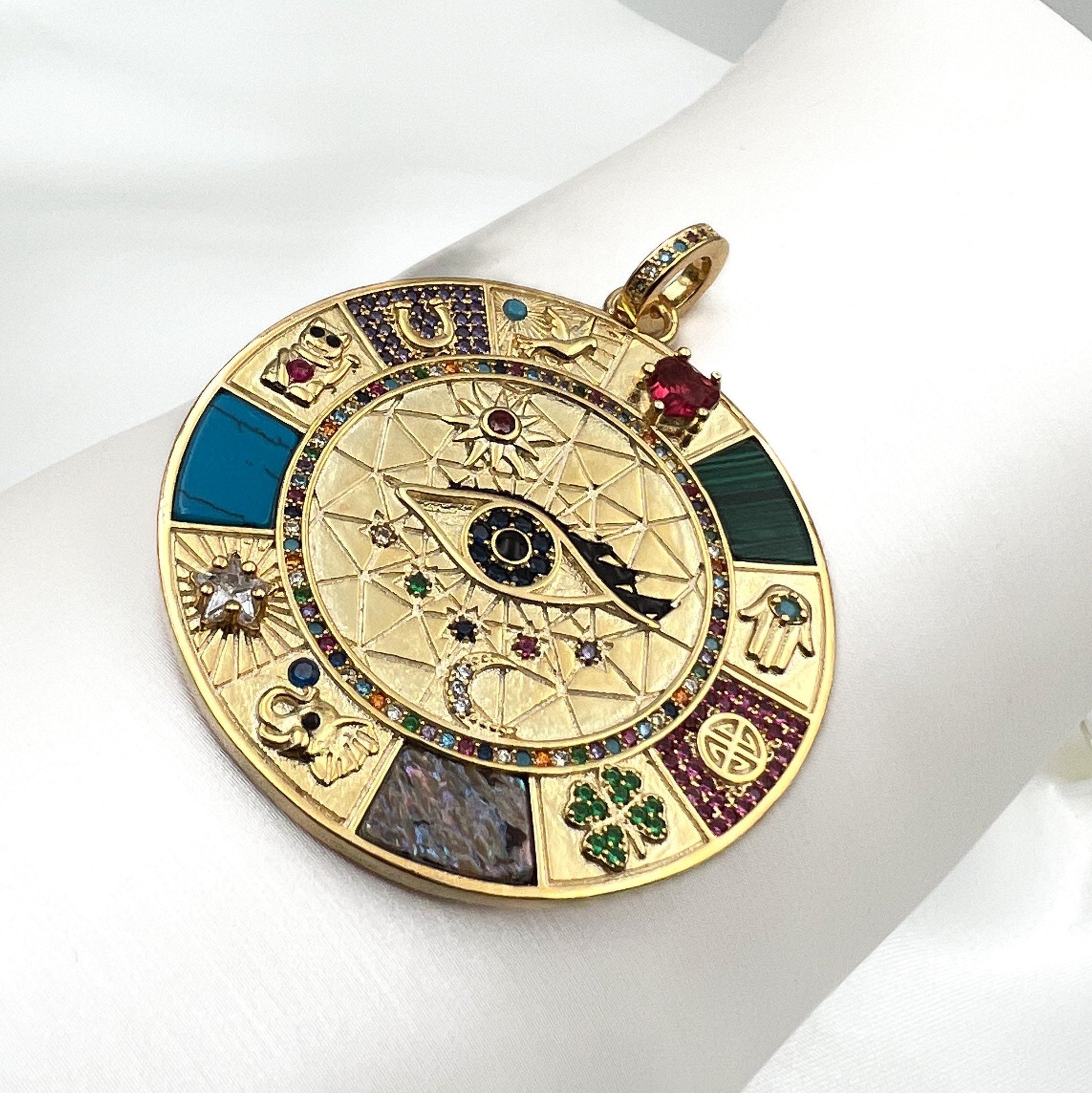 Large Protection Pendant in 925 Silver and Gold with Stones and Symbols