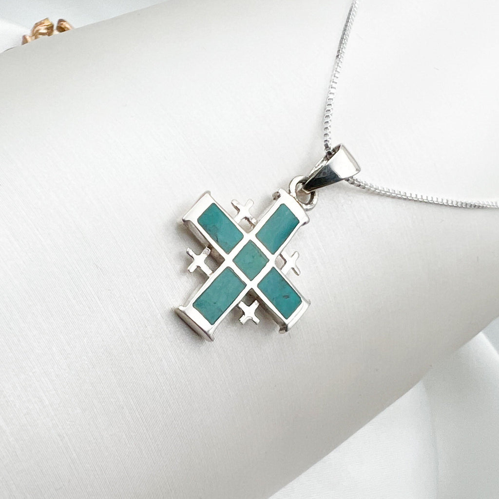 King Solomon Eilat Stone Jerusalem Cross Pendant with Silver 925 Chain