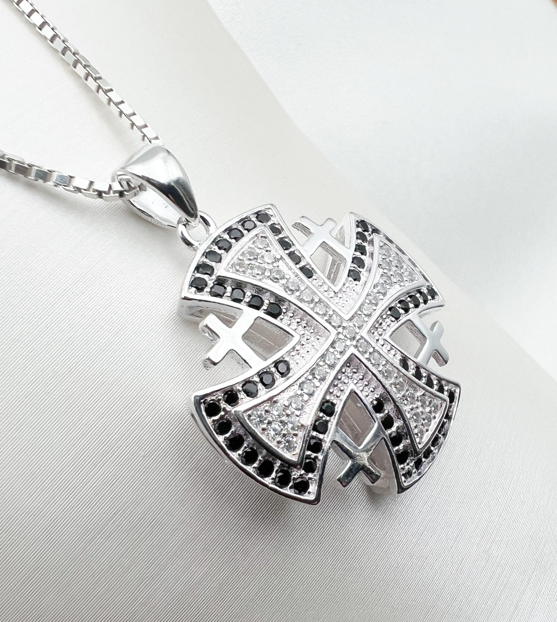 Elegant Jerusalem Cross Pendant with White and Black Zircons in Silver 925