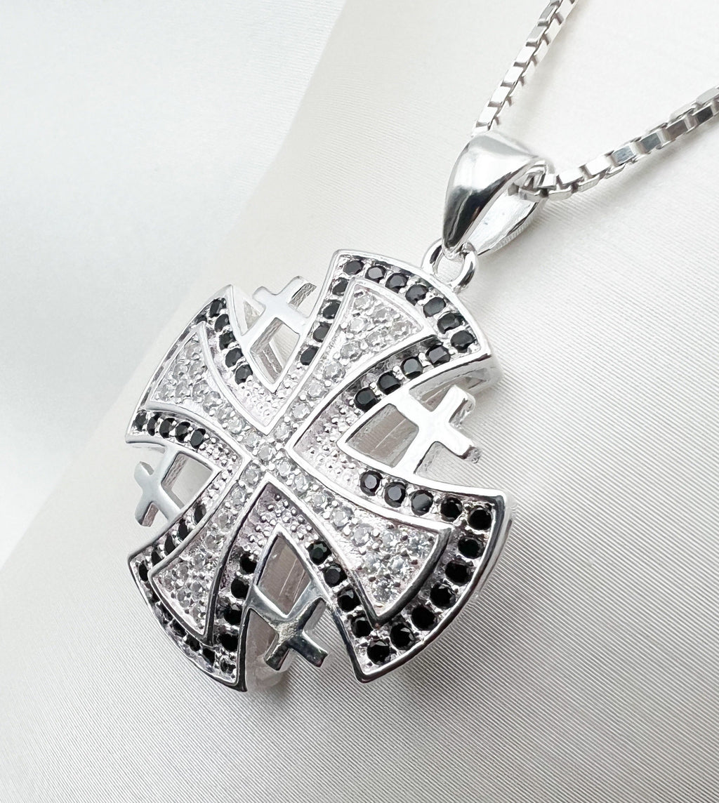 Elegant Jerusalem Cross Pendant with White and Black Zircons in Silver 925